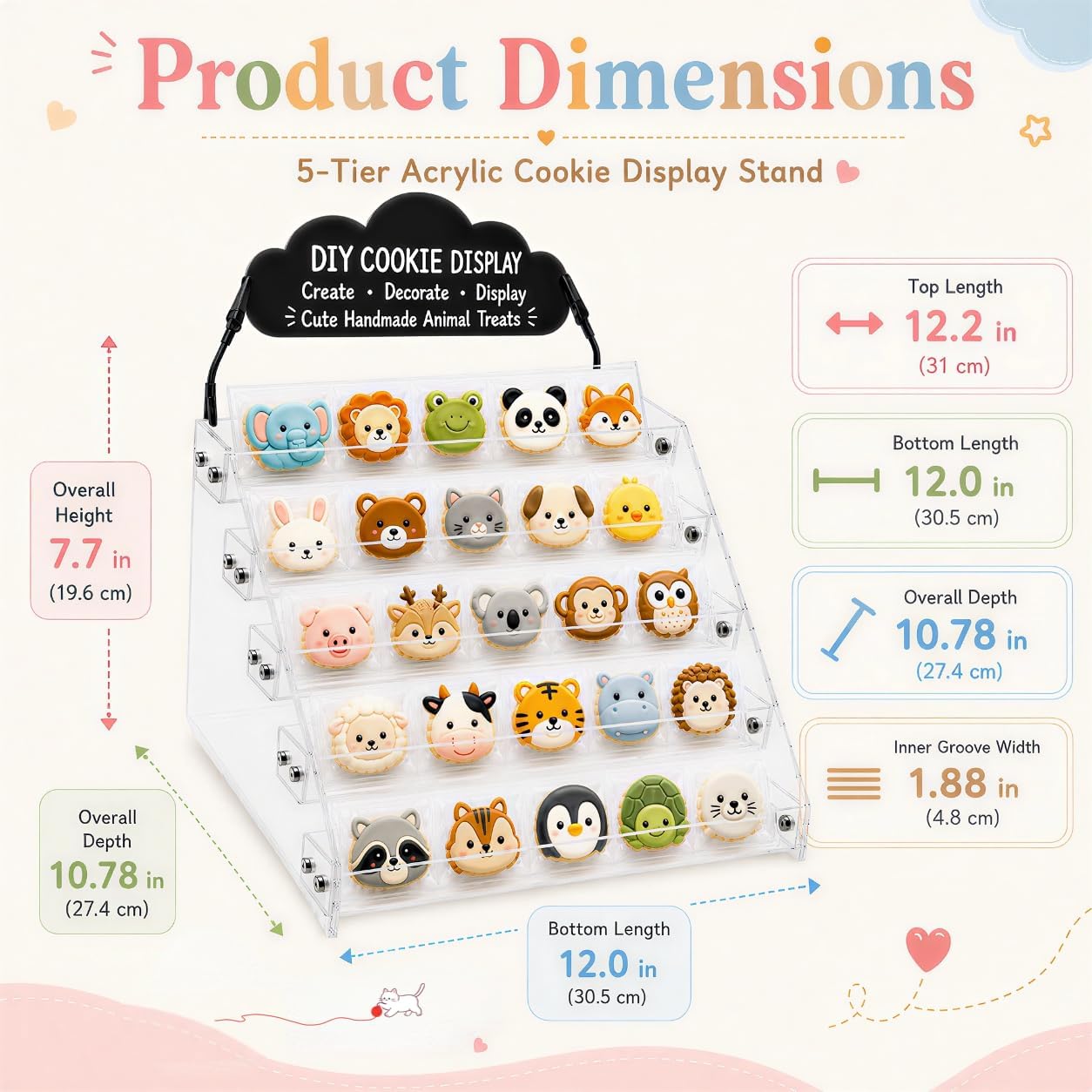5 Tier Cookie Display Stand, Clear Acrylic Tiered Dessert Display with Cloud DIY Sign and Clips, Countertop Cookie Rack for Bakers, Vendor Events, Farmers Markets, Parties and Dessert Tables