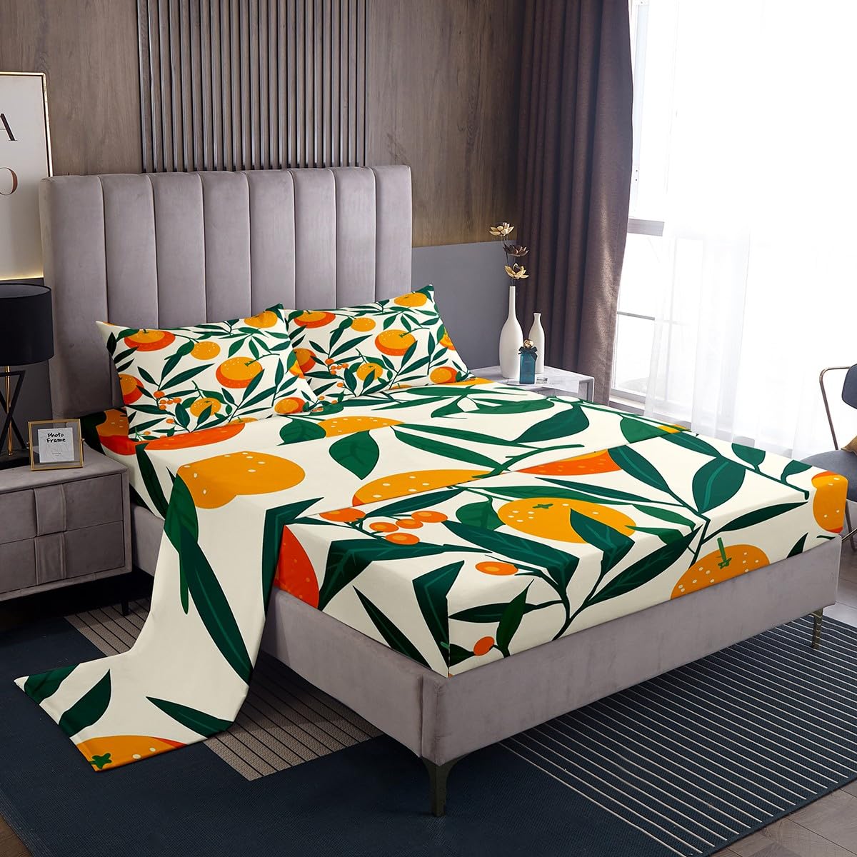 Feelyou Orange Bed Sheets Kids Cute Fruit Print Sheet Set Kawaii Style Orange Room Decor Bedding Set for
