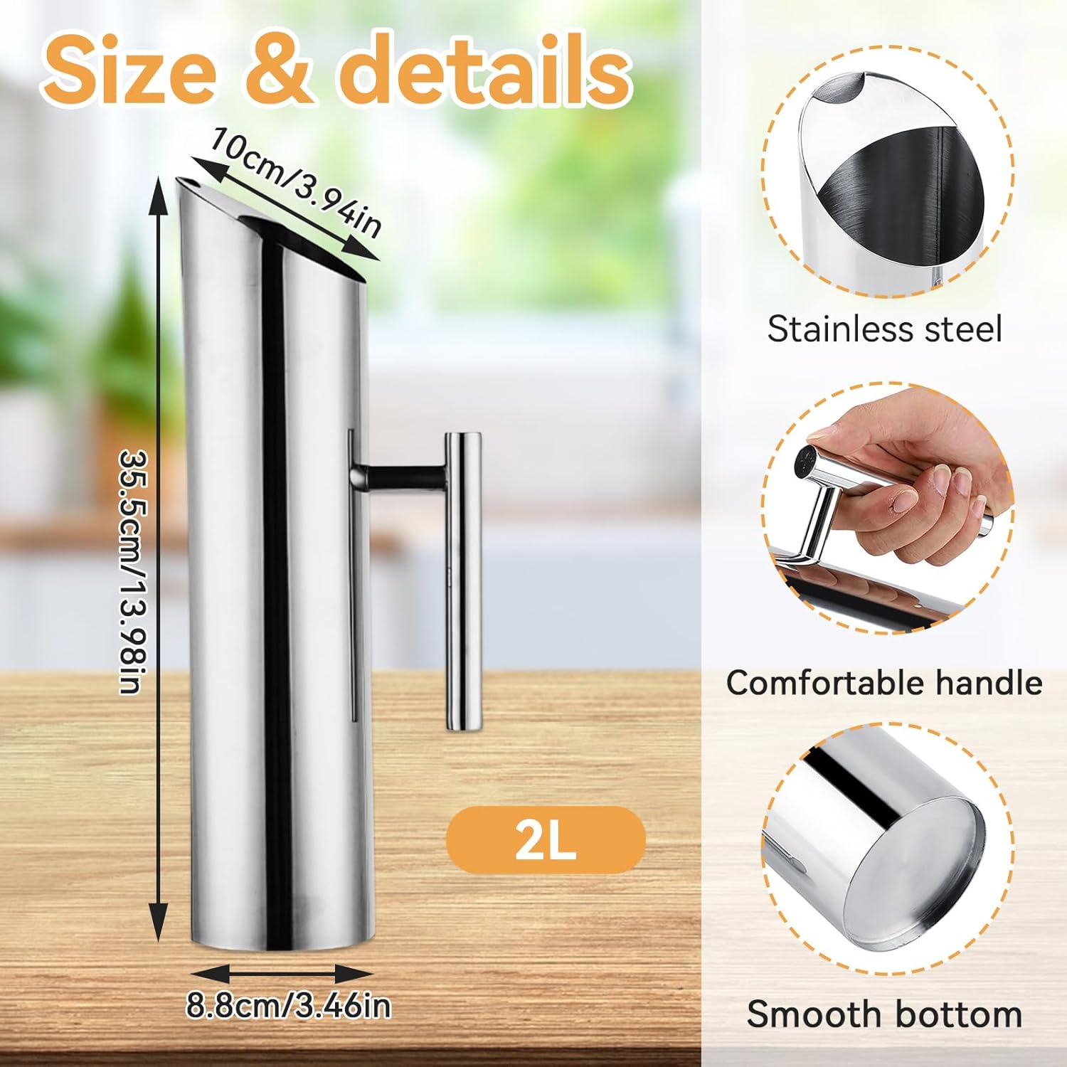 Stainless Steel Water Pitcher with Ice Guard, Metal Water Jug with Lid Cold Drinking Pitcher Beverage Container for Juice Coffee Milk, Iced/Hot Tea - Image 3