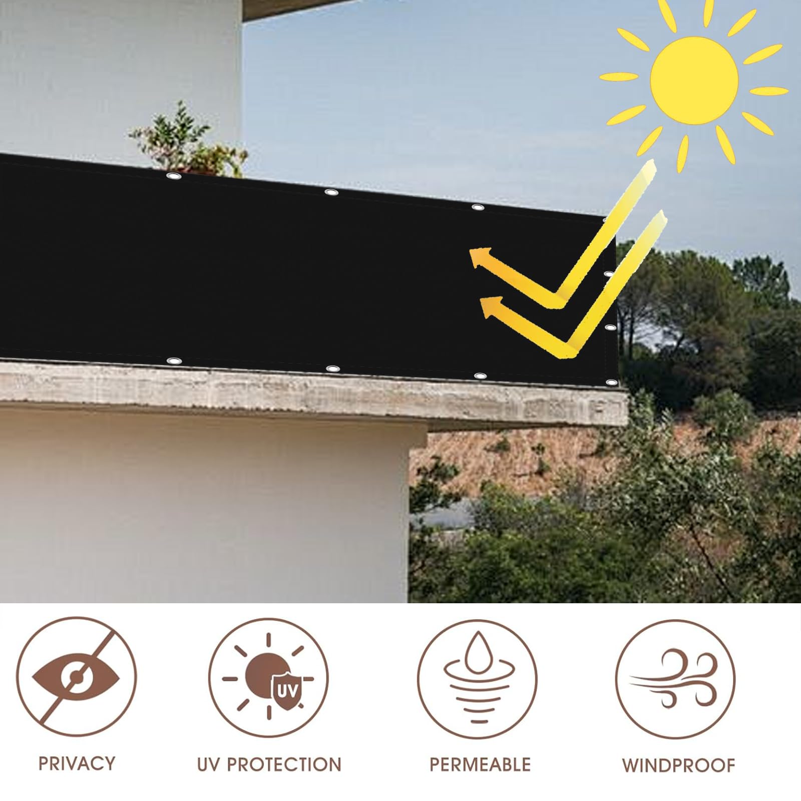 Telo Frangivisto 50 x 325 cm Anti-UV, Oscurante, Résistant Au Vent, Antistrappo Protezione Privacy Balcone con Occhielli, Fascetta per Terrazza, Nero