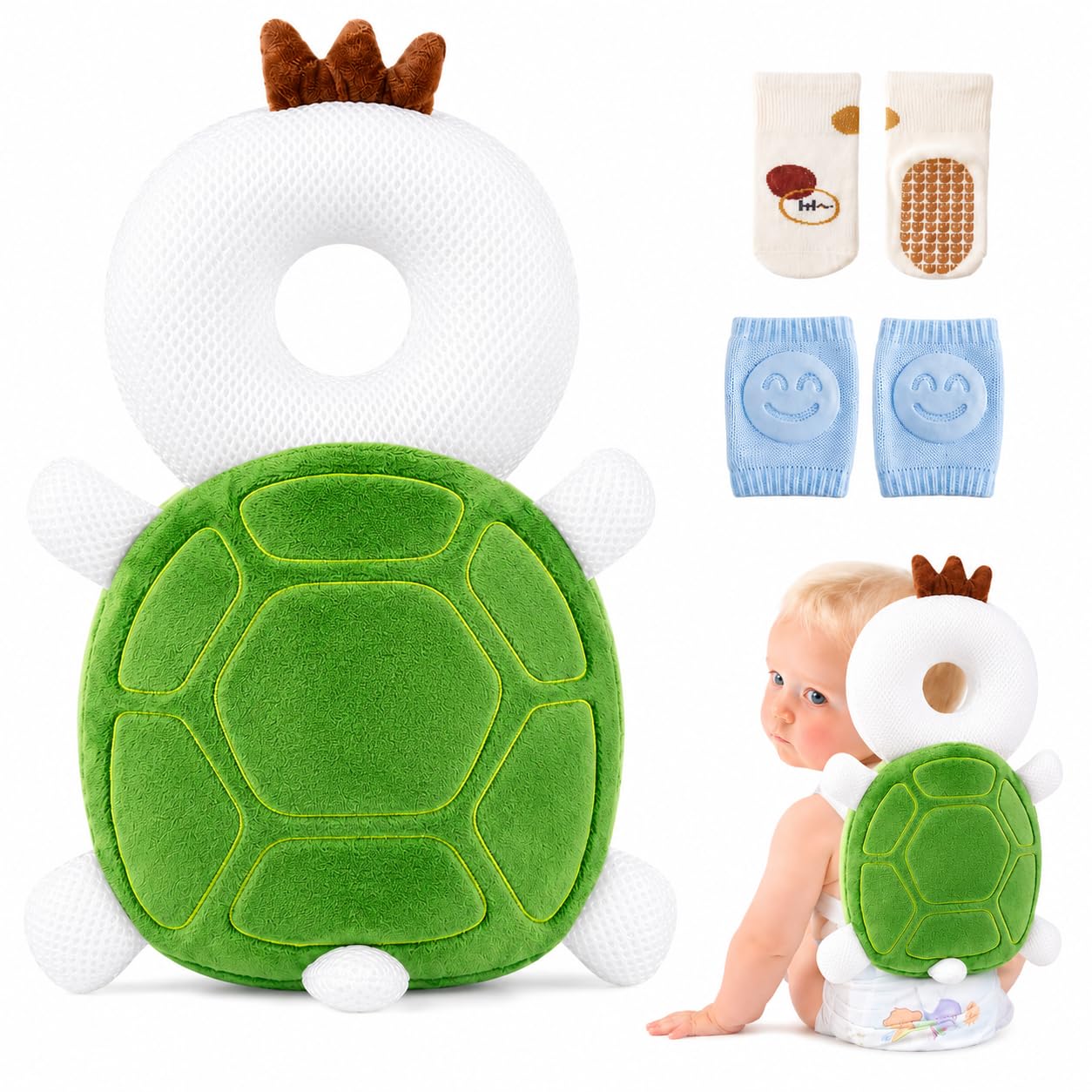 Viondra Baby Head Protector Backpack, Breathable Air Mesh Toddler Walking Cushion Pillow Adjustable Baby Back Protector with Knee Pads and Socks, Suitable for 5-24 Months (Turtle) โ image 1