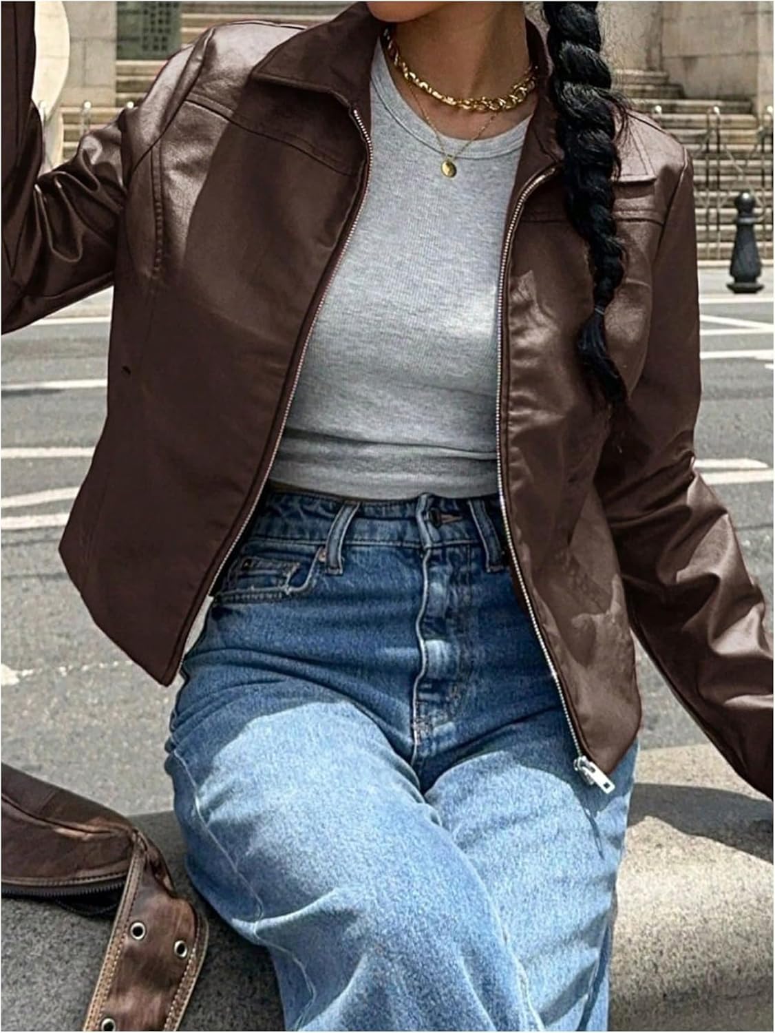 MakeMeChic Women's Crop Faux Leather Jacket Vintage Long Sleeve Collar Zip Up Biker Motorcycle Jackets Coats - Image 4