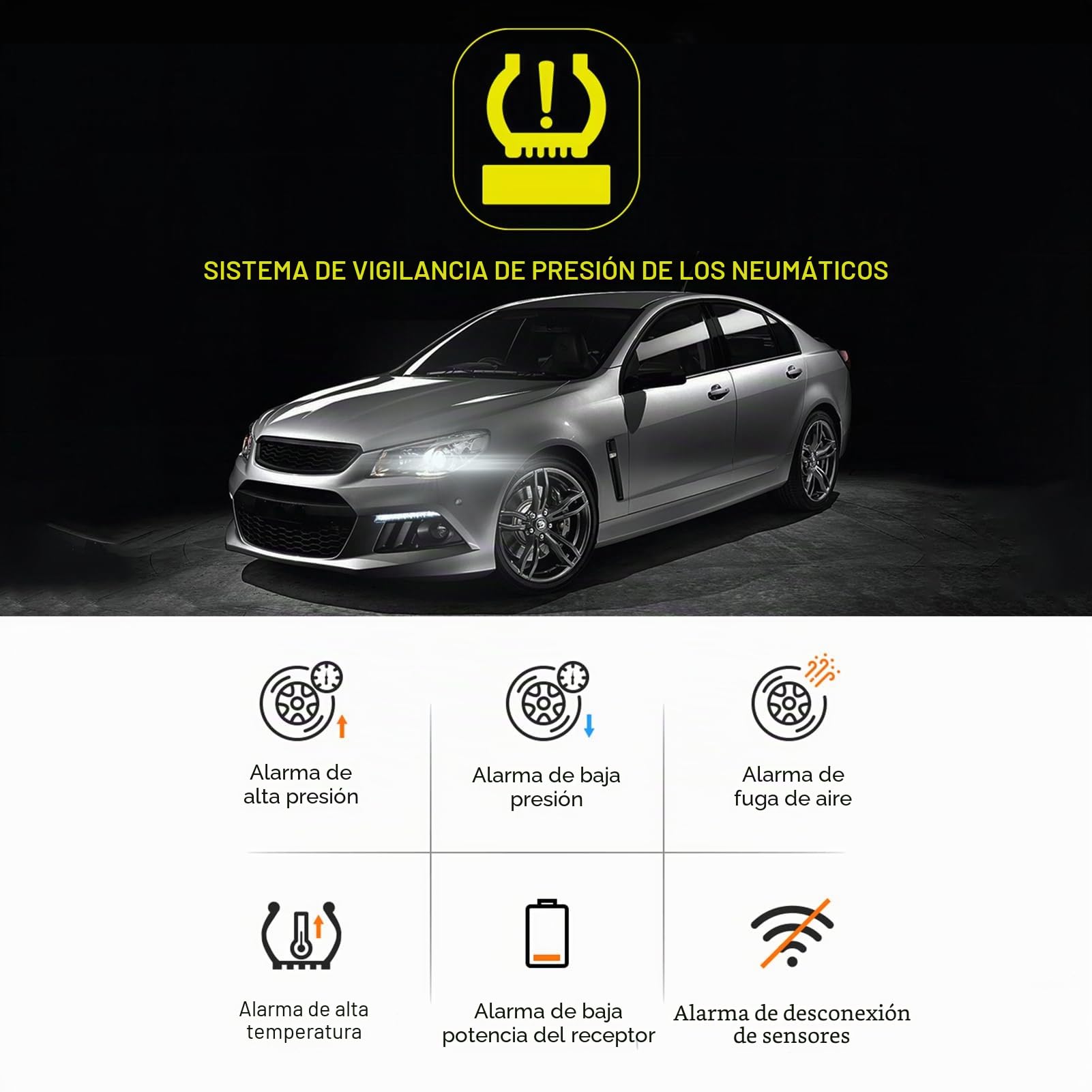 Shkalacar Sistema de Monitoreo de Presión de Neumáticos con Pantalla LCD, 6 Modos de Alarma y 4 Sensores Internos para Coche SUV MPV Sedan