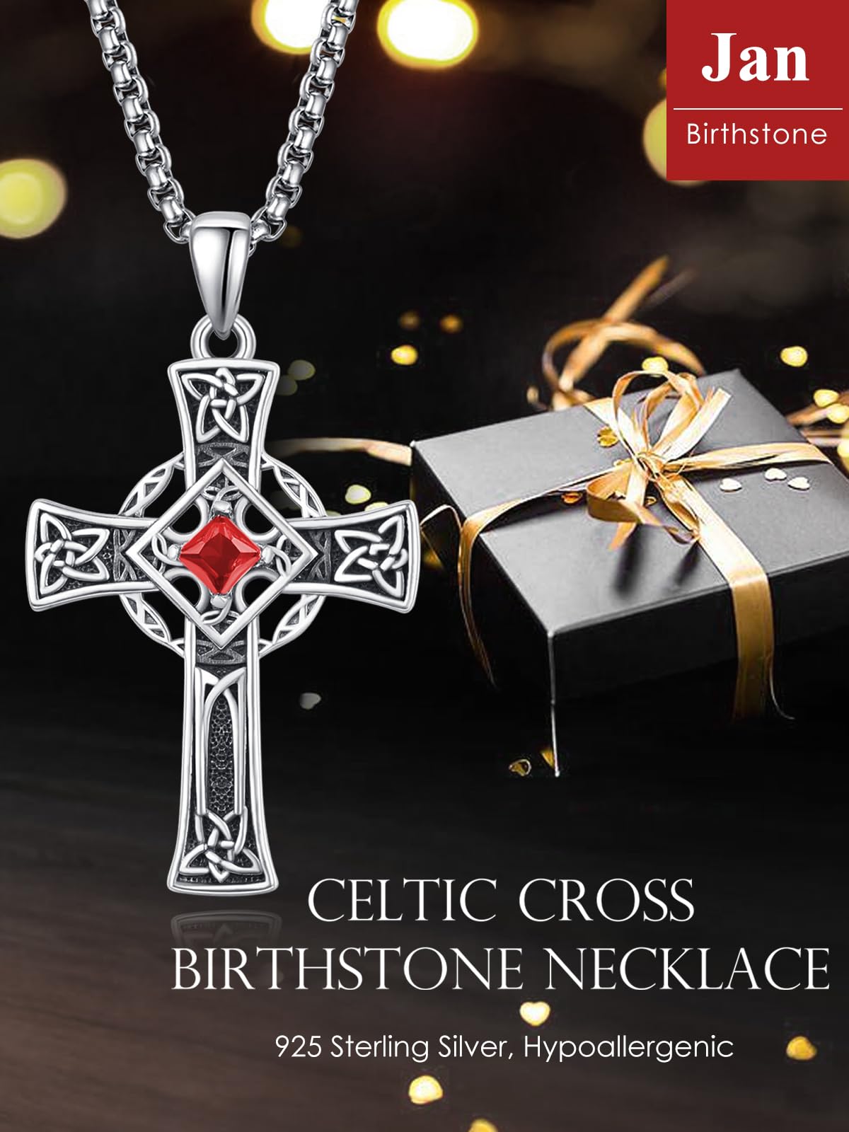 ADMETUS Keltisches Kreuz Anhänger Silber 925 Januar Geburtsstein Halskette Keltischer Knoten Kette mit Geburtsstein Kreuz Schmuck Geschenke für Herren