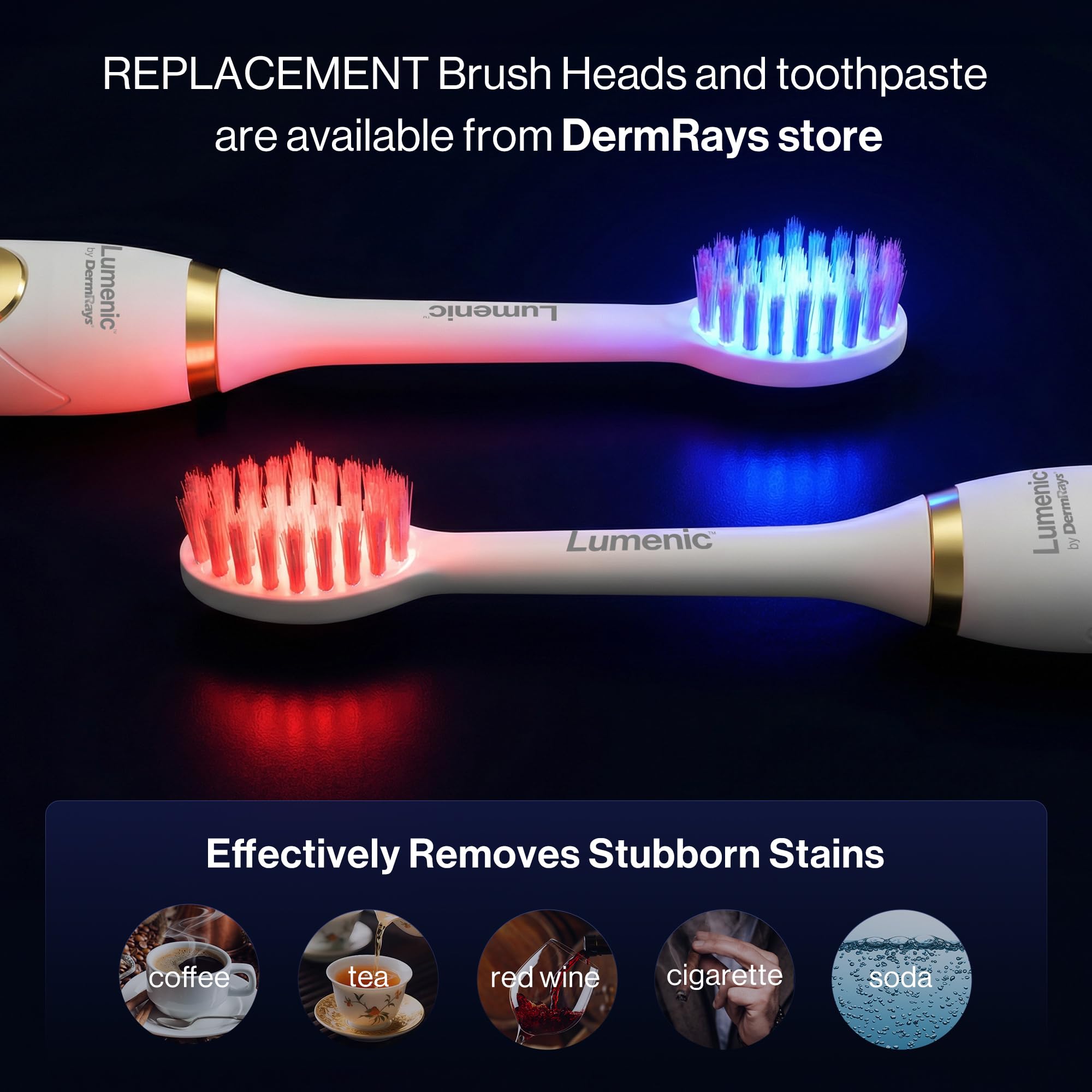 DermRays Lumenic Dual-Light Schallzahnbürste, Rot & Blau LED für Zahnfleischpflege & Aufhellung, 4 Modi, USB aufladbar, mit Tag & Nacht Zahnpasta, Gold