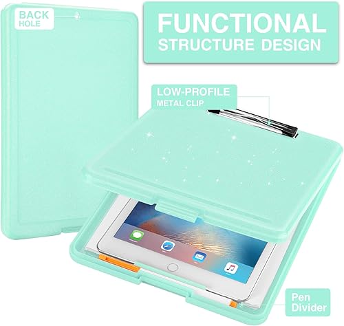 Vista 29 de Sooez - Portapapeles con almacenamiento, de plástico con clip de perfil bajo, resistente, plegable, cubierta impermeable para portapapeles