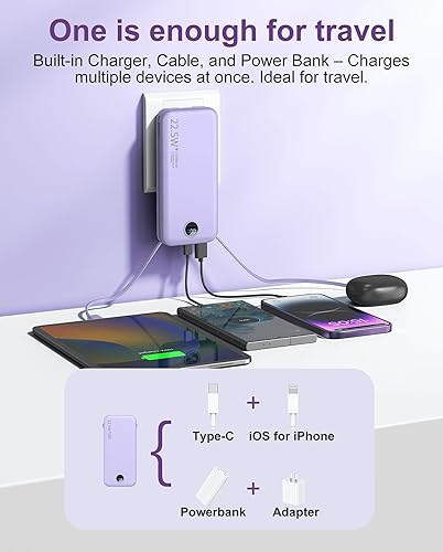Miniatura 4 de Cargador portátil con cables integrados y enchufe de pared de CA, cargador de batería USB C delgado de carga rápida de 12000 mAh, pantalla LED