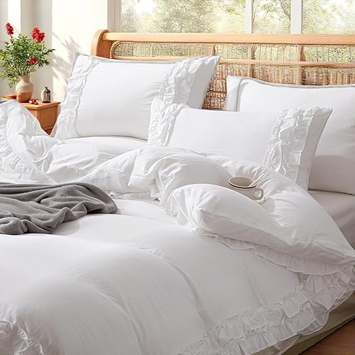 Vista 9 de MOVE OVER Juego de edredón de 3 piezas de microfibra lavada suave y esponjosa para niñas y mujeres, de color crema, tamaño King, Farmhosue Shabby