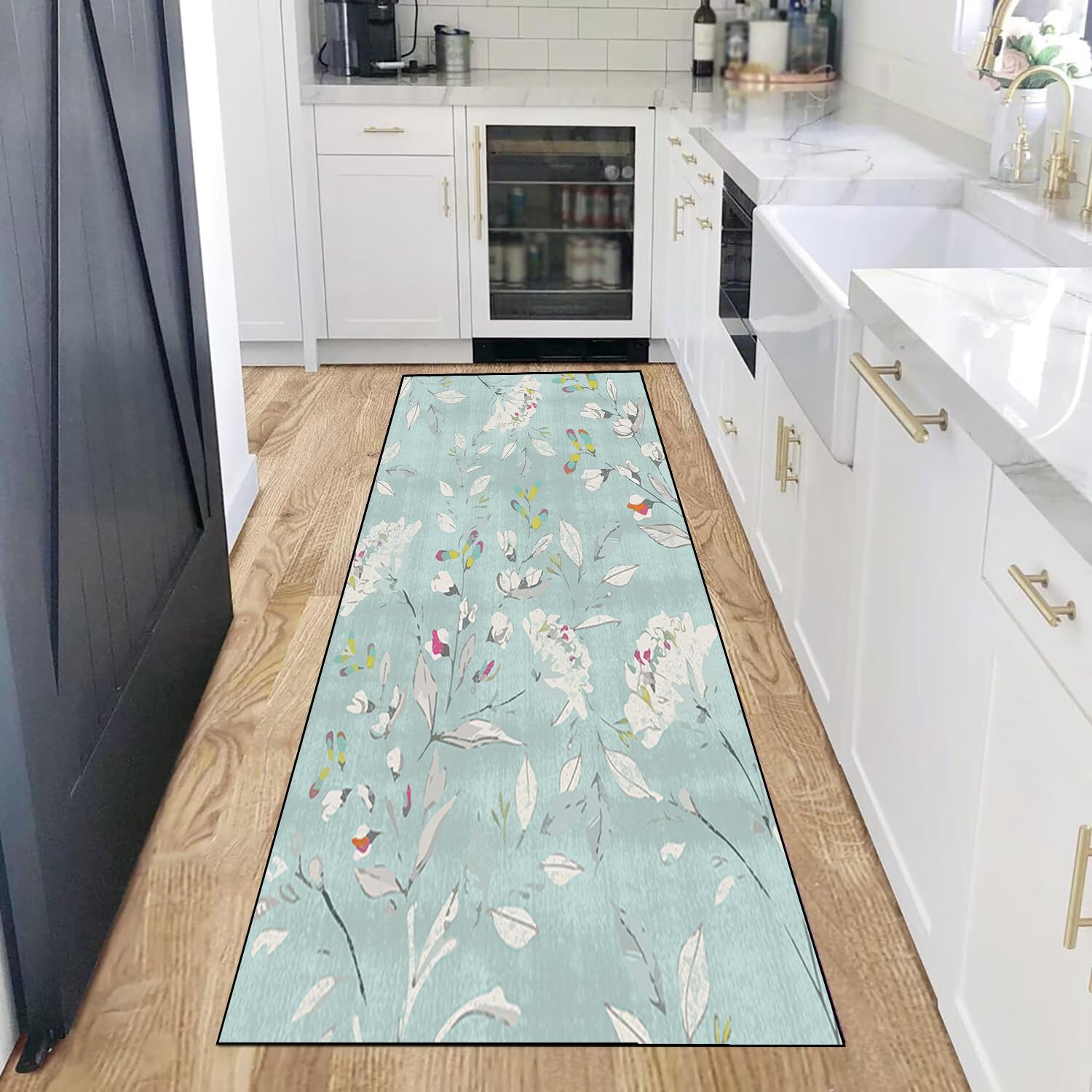 Teppich Läufer Flur Küchen 50x350CM Waschbar rutschfest Waschbar Meterware Schlafzimmer Korridor Teppichläufer Lang, Länge Anpassbare, 40-120cm Breit,Shallow Lotus Blue Flowers