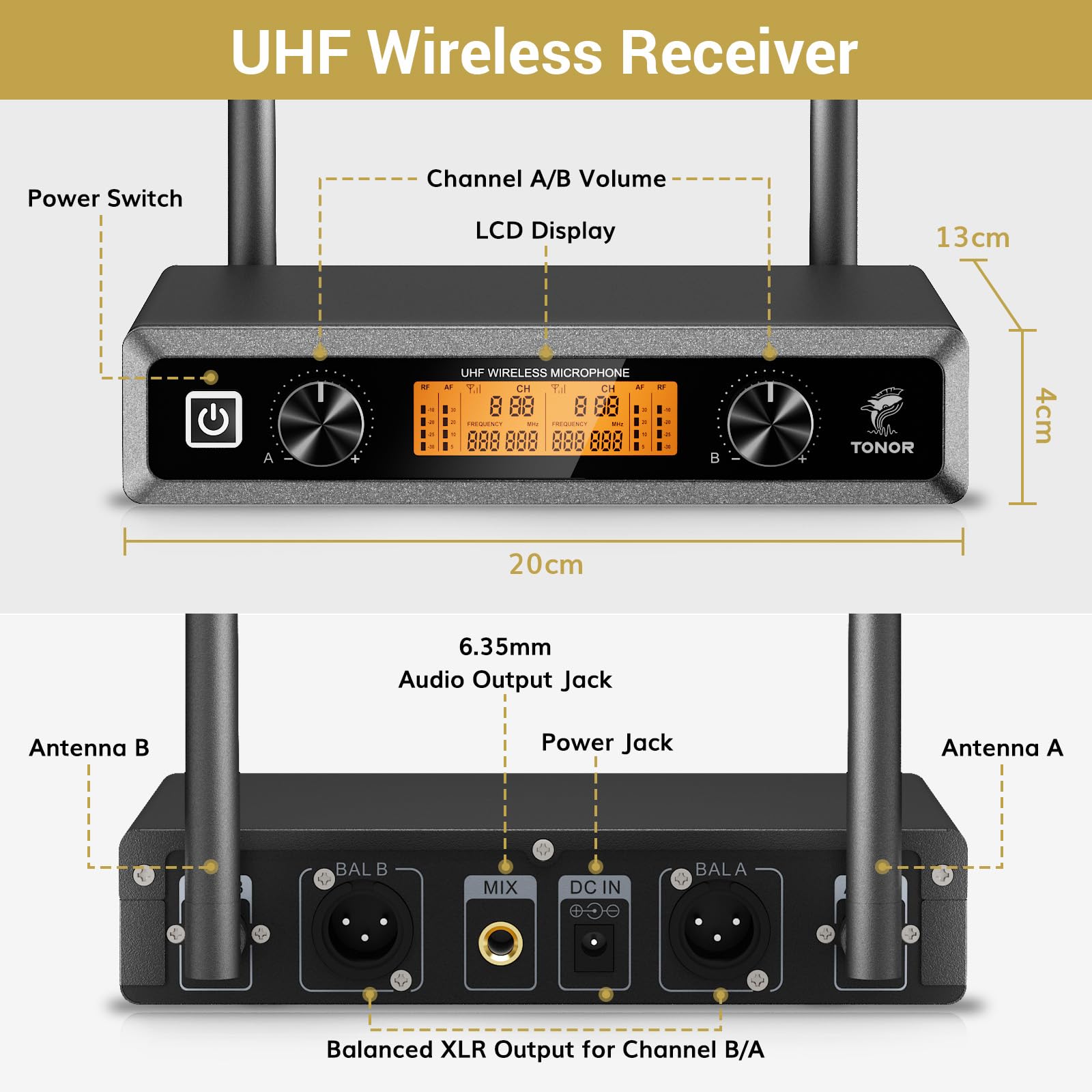 TONOR UHF Wireless Microphones System with Metal Cordless Handheld/Headset/Lavalier Lapel Mics, Bodypack Transmitter - Image 4
