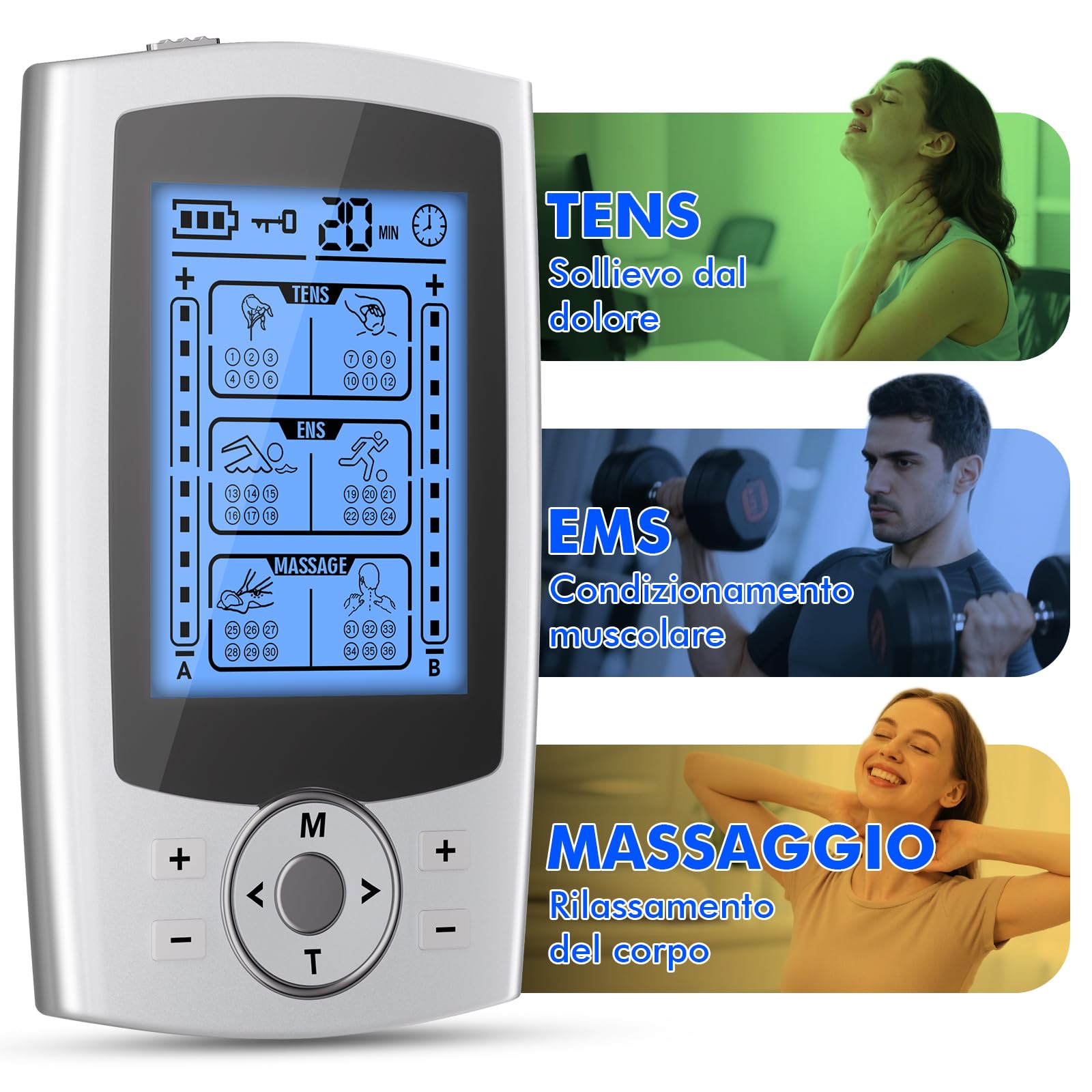 TENS EMS Elettrostimolatore Muscolare, 3 in 1 per Alleviare Il Dolore e Costruire Muscoli, Funzione Massaggio, con 2 Canali e 36 modalità, 20 Livelli di Intensità, 10 Pezzi di Elettrodi TENS