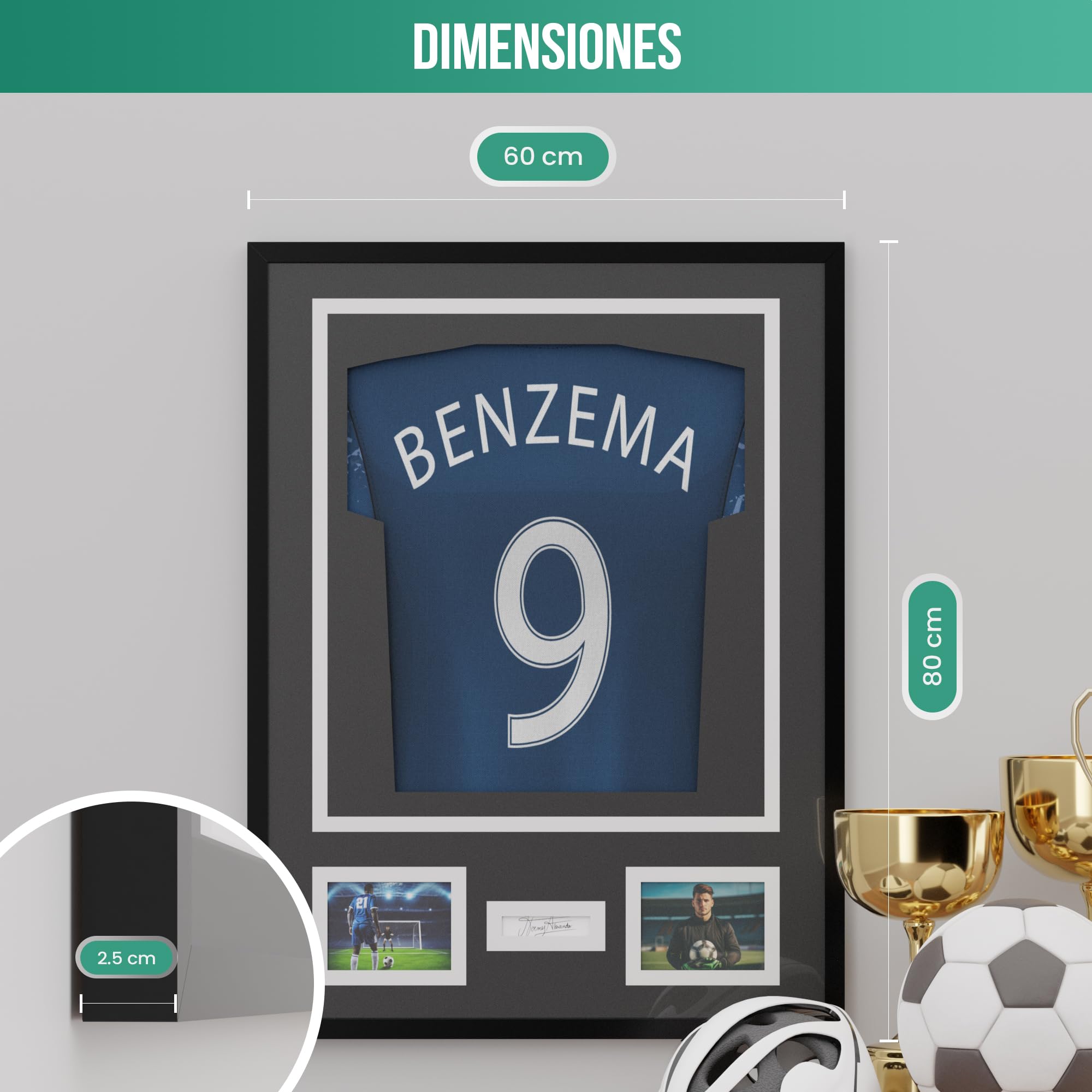 Avalo Marco de objetos de aluminio – Camiseta de fútbol – Marco 3D Box Frame – 60 x 80 cm – Negro