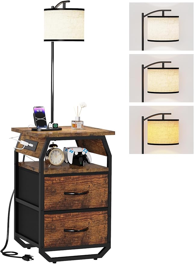 runjuly Floor Lamp with Table, End Tables with Lamps Attached 3-Color Temperature Bulb, Side Table with Lamp with 2 Drawers & Charging, Lamps Tables Combo for Bedroom, Dorm, Apartment - Rustic Brown