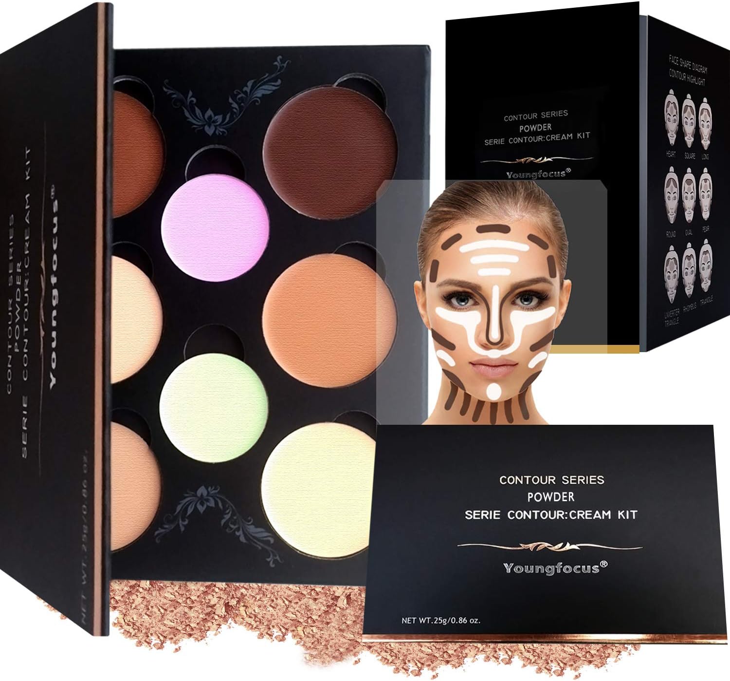 Youngfocus Cosmetics Contour Kit - Powder Contour, Highlighter & Bronzer Contour - Vegan, Cruelty Free and Hypoallergenic - Instruction Manual