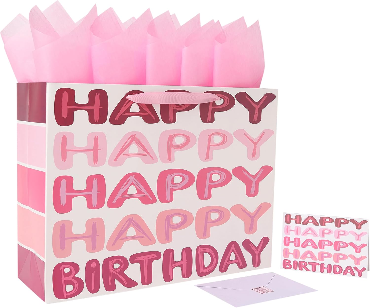16.5" Extra Large Pink Happy Birthday Gift Bag Set with Handles, Greeting Card, Tissue Papers and Stickers for Women Girls Kids Teens, Words Design, 1 Pcs