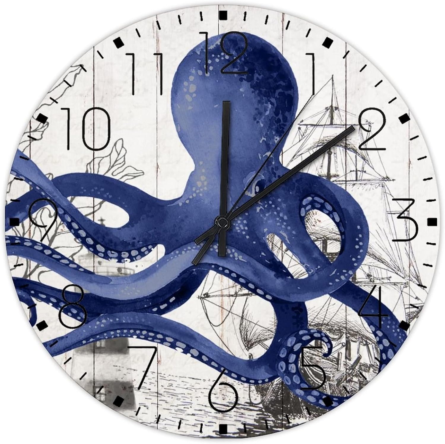 Wooden Wall Clock Non-Ticking Sweep Movement Nautical Beach Ocean Theme Underwater Octopus Decorative Wall Clocks Shells Starfish Coastal Beach Home Decor for Hall Lofts Daycare 12 Inch