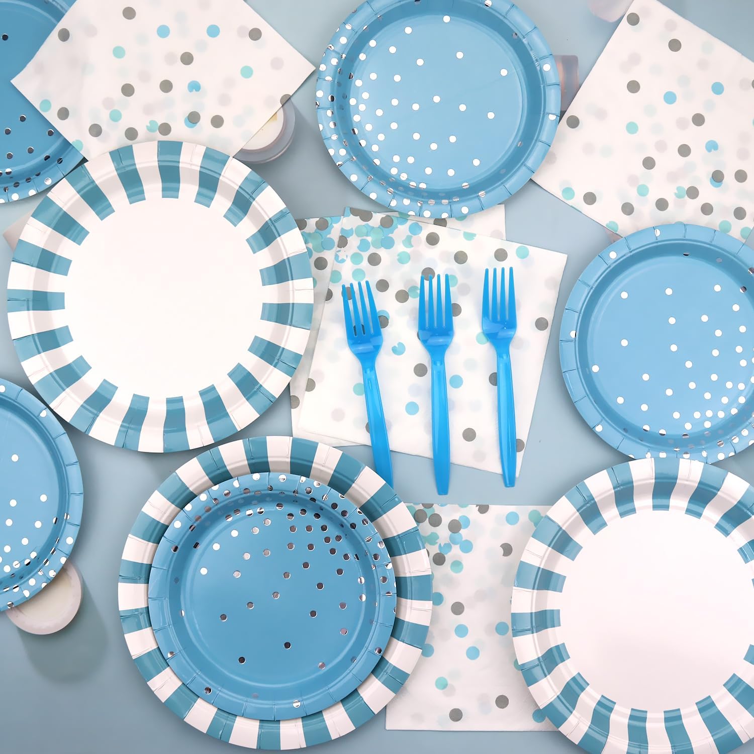 KEFAN Light Blue Stripe Birthday Party Supplies, Blue Stripe Party Decorative Plate Set Includes 9 Inch Plate, 7 Inch Plate, Paper Towel, Fork for Boys Birthday Party Baby Shower (Blue)