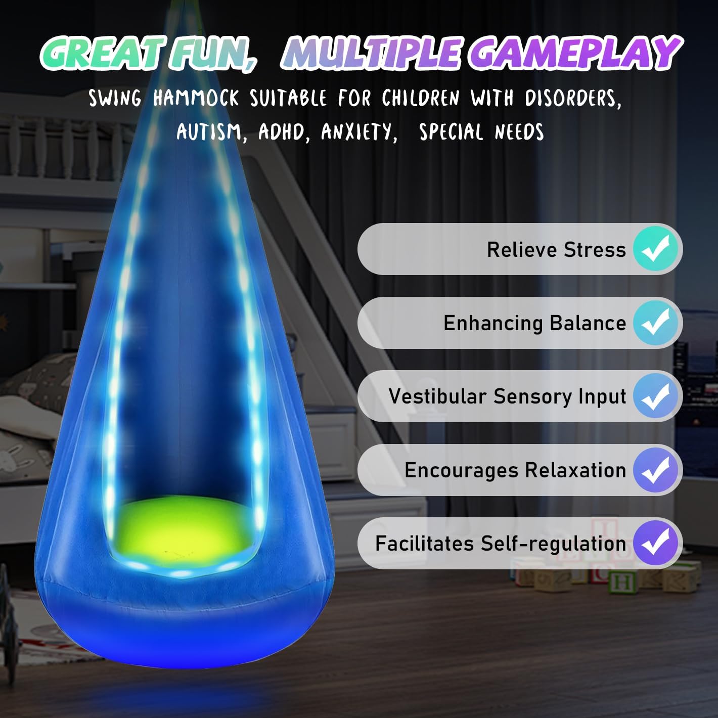 Light Up Kids Pod Swing Seat, Hanging Hammock Chair with LED Lights, Upgraded Cotton Child Sensory Swing Seat, Sensory Swing for Autistic Kids Indoor & Outdoor Play (Blue) - Image 5