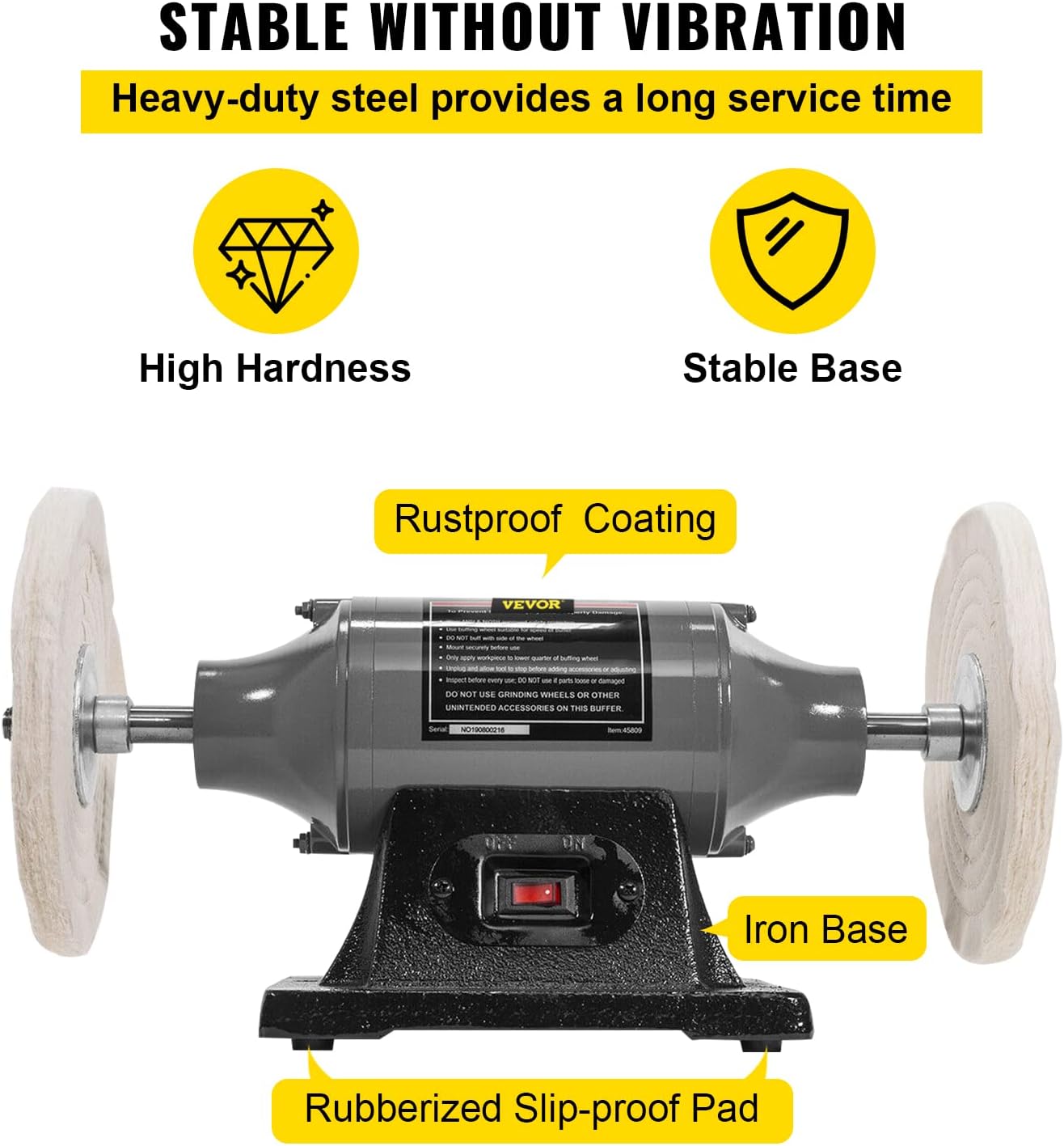 VEVOR Bench Buffer Polisher, 8 inch Buffing Machine 350W 3/4HP Motor with 3600 RPM, Heavy Duty Benchtop Lathe Polishing Machine for Jewelry, Wood, Silver, Amber, Metal, Jade - - 