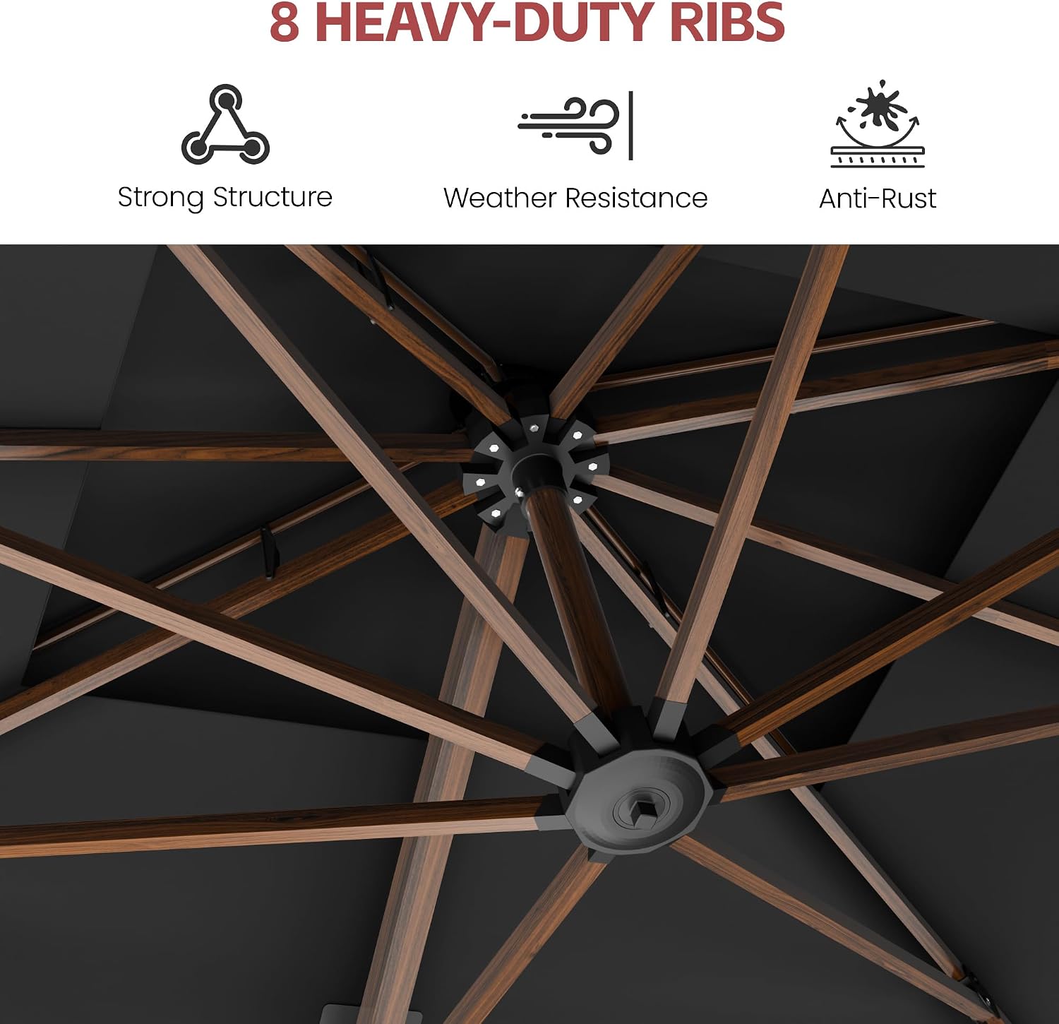 GENTEACO 10x13FT Rectangle Cantilever Patio Umbrella w/Base Included, Deluxe Wood Pattern Pole & 7 Angle Tilts, 360° Rotation, Offset Hanging Market Umbrellas for Garden Pool Patio, Black