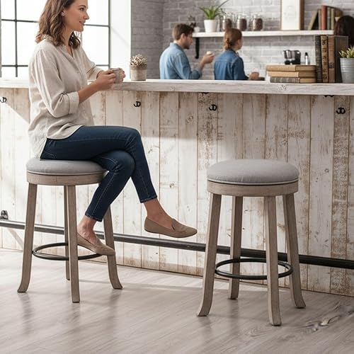 Miniatura 6 de LukeAlon Farmhouse - Juego de 2 taburetes de bar redondos de tela de lino, giratorios de 360 de 25.6 pulgadas de altura de mostrador con patas de