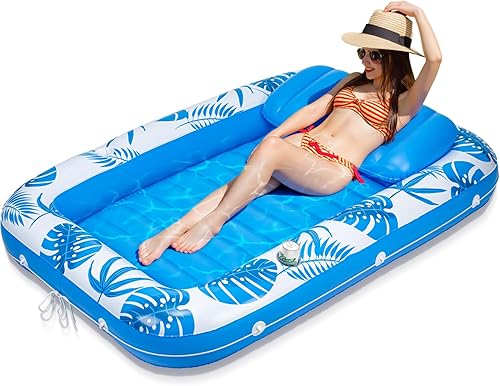 Flotadores inflables para piscina, flotador de piscina de 71 x 48 pulgadas, flotadores grandes para adultos con almohada y soporte para bebidas,