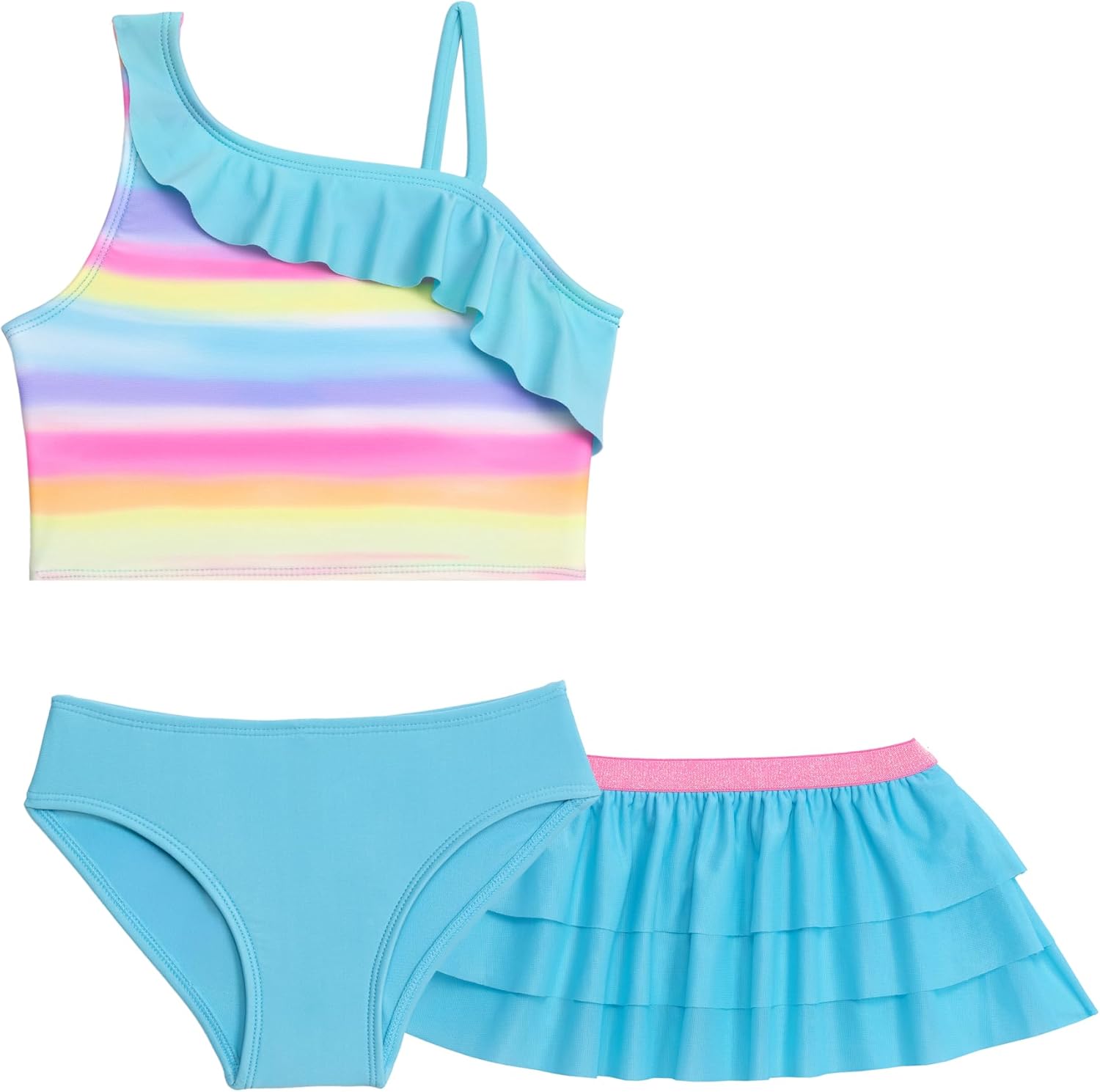 Aqua Green Girls' Asymmetrical Ruffle Bikini with Ruffle Coverup Skirt 3-piece Set