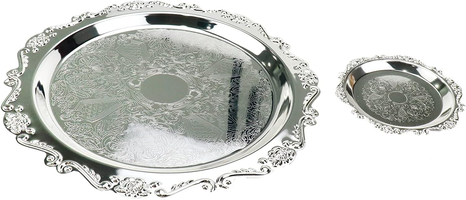 Quluxe Round Platter Serving Tray Metal Reusable Decorative Appetizer Platter Dessert Plate for Kitchen Party Centerpiece Display, 2 Pcs Silver (4 Inch+10 Inch)