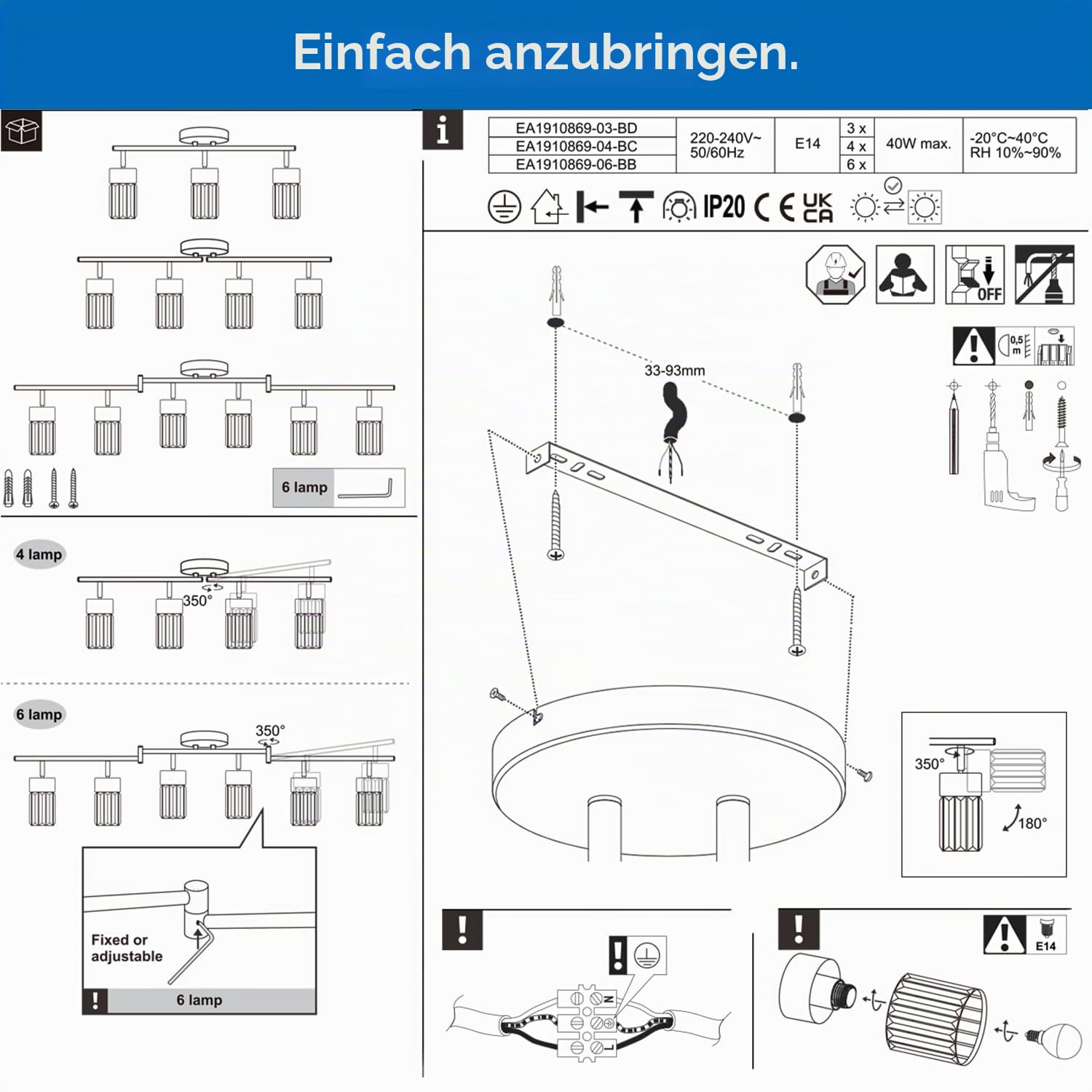 ANWIO Kristall Deckenleuchte 4-flammig Schwarz – Schwenkbarer Kronleuchter & Deckenstrahler aus Prismen-Glas, mit Regenbogen-Effekt, E14 Fassung für Wohnzimmer, Esszimmer & Flur (Ohne Leuchtmittel)