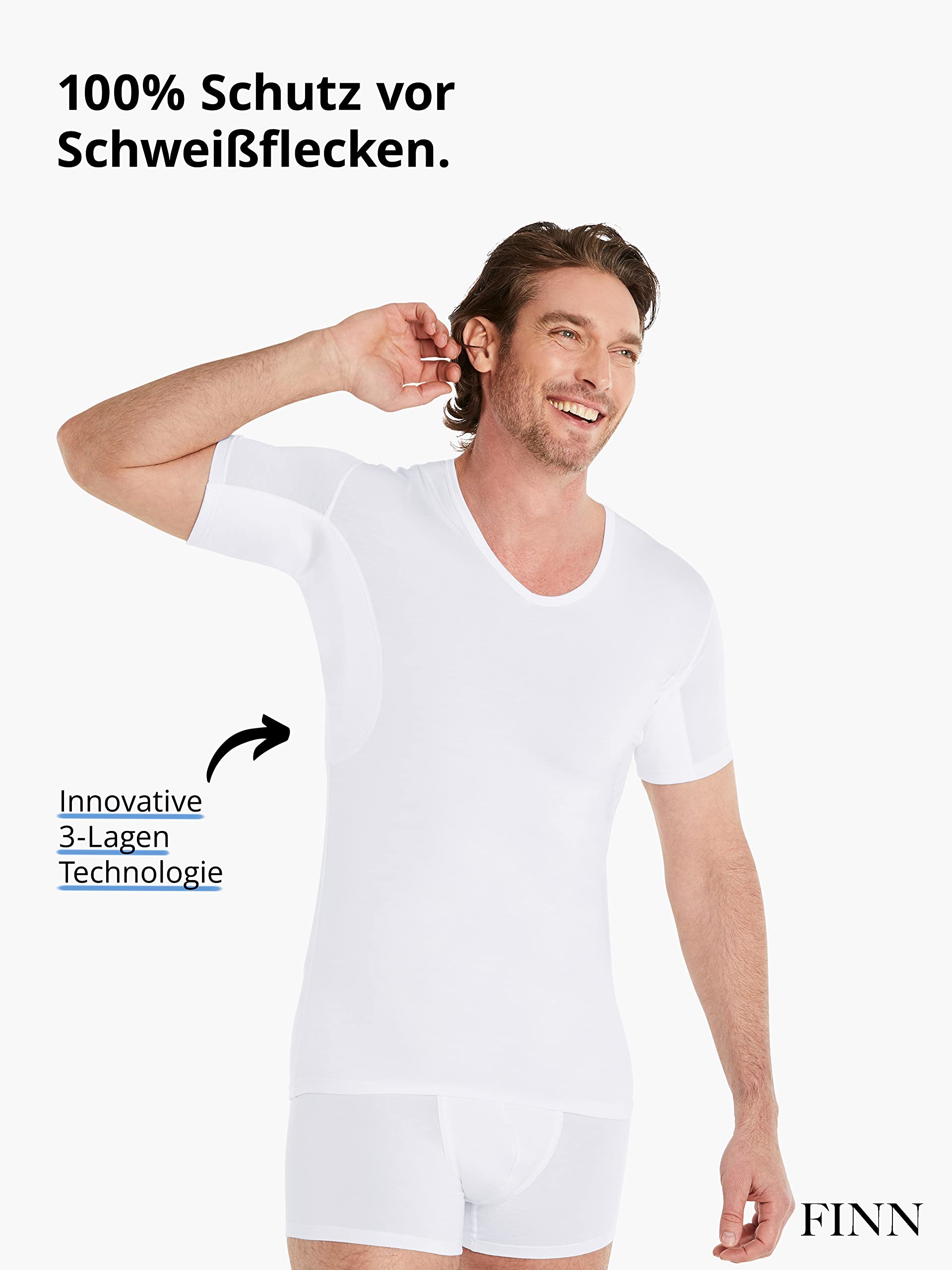 FINN Anti-Schweiß Shirt Herren mit V-Ausschnitt und Rücken-Einsatz – Unterhemd gegen Schwitzen mit Achselpads – 100% Schutz vor Schweißflecken und Geruch