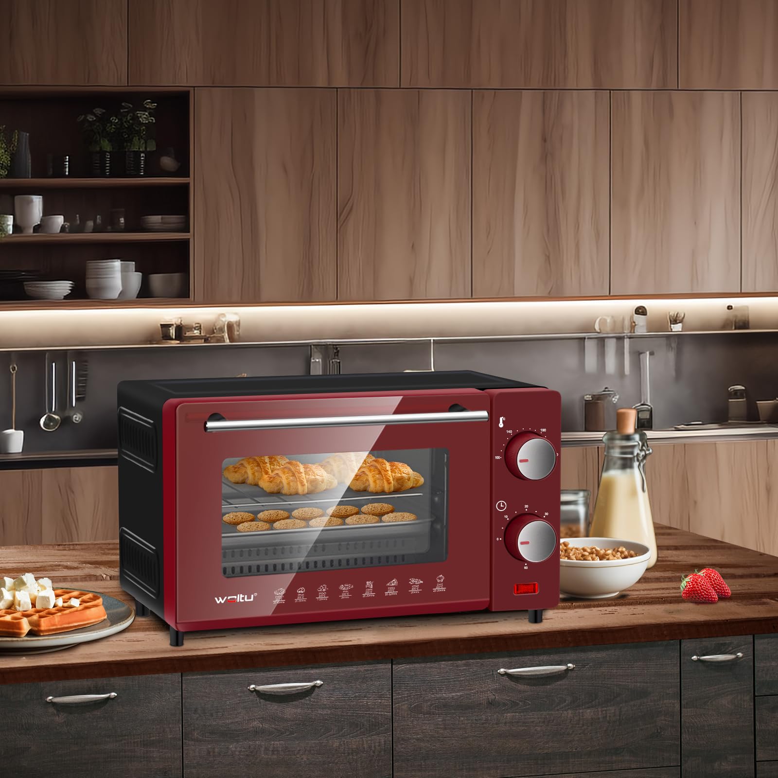 WOLTU Horno Electrico Pequeño10 L, 650 W, Control de Temperatura 100-230℃ y Temporizador 0-60 Minutos, con Bandeja y Rejilla, Rojo+Negro
