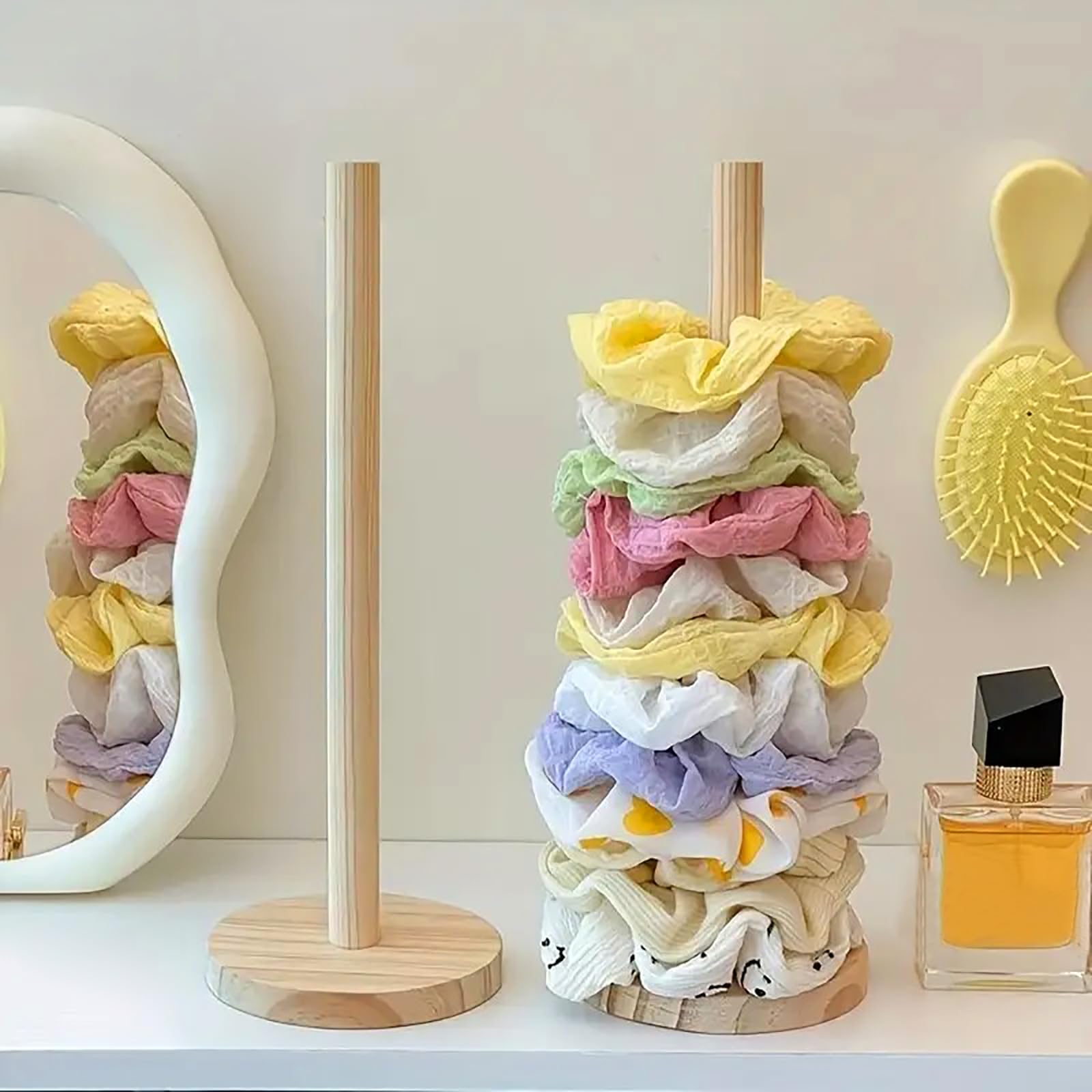 Photo 1 of 2 Pcs Scrunchie Holder Stand Hair Tie Organizer Hair Accessories Organizer Vertical 15-20 Scrunchies Holder Space-Saving Jewelry Scrunchy Holder for Girls Women, Bathroom Bedroom Decor (Wooden)
