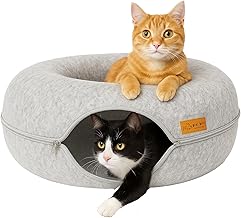 Felt Cat Tunnel 60 x 60 x 28 cm Cat Bed Fluffy Round Cat Cave Tunnel Doughnut Cat Doughnut Bed Games Cats with Washable Cushion Cover Cat Basket as Sleeping Place Cuddly Bed - Grey