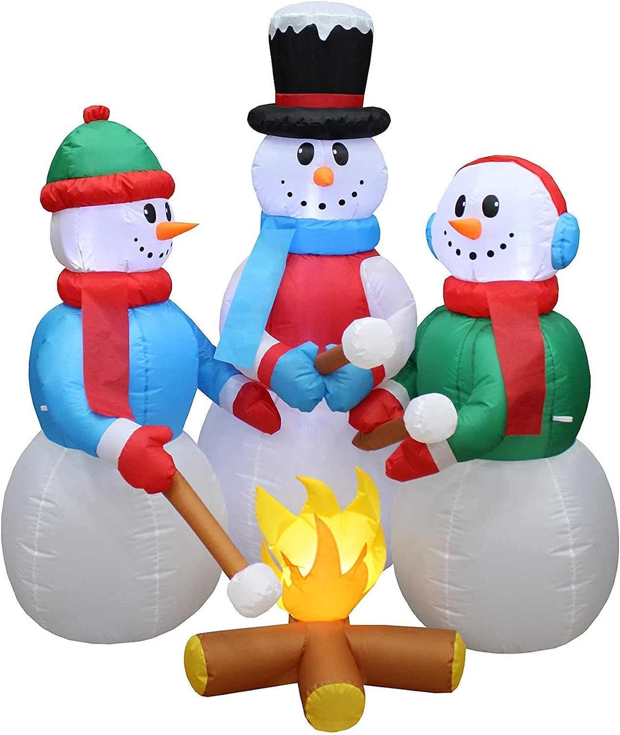 TWO CHRISTMAS PARTY DECORATIONS BUNDLE, Includes 4 Foot Long Inflatable Three Dogs Puppies with Multicolor Gift Boxes, and 5 Foot Tall Inflatable Snowmen Snowman Campfire Camping Roasting Marshmallows