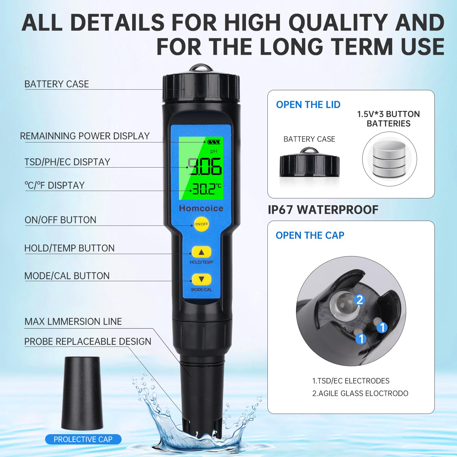 PH Mètre 4 en 1 avec TDS EC Température, IP67 étanche Testeur pH Piscine Hydroponie Spa, Tester Eau Numérique de 0.01 haute précision avec fonction ATC