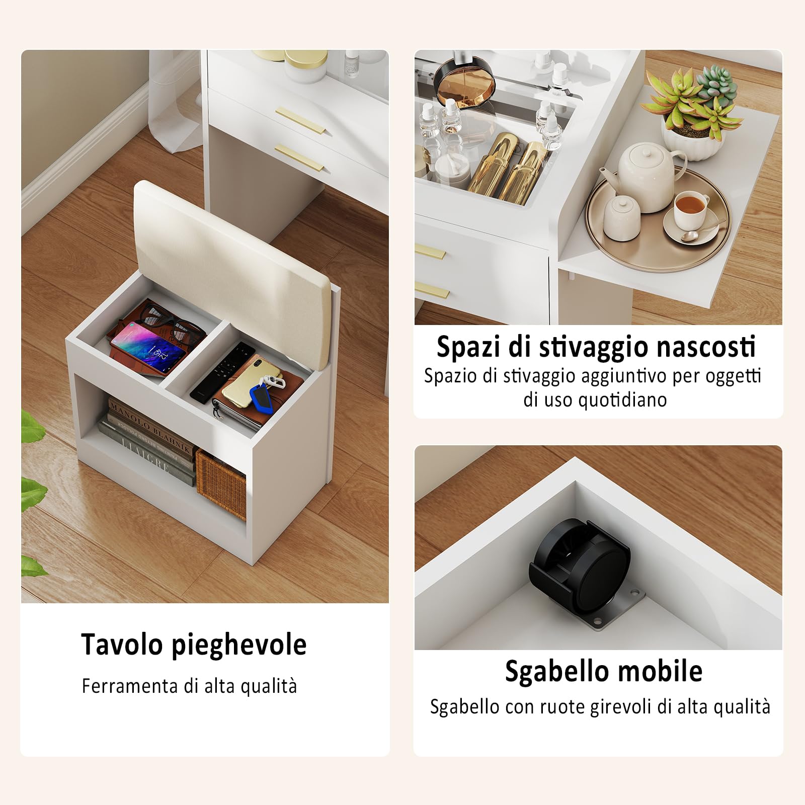 YU YUSING Toeletta 3 in 1 con Specchio LED Ribaltabile, Toeletta Trucco con Sgabello Contenitore, Postazione Trucco, Tavolo Trucco Salvaspazio, 2 Cassetti e Ripiano in Vetro, Bianca