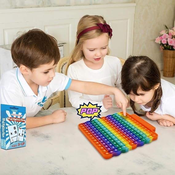 Multiplication Pop it 12x12, Times Table Toys with Math Flash Cards, Rainbow Poppet Fidget Chart Board, Learning Toy Stress Relief Fidgets for School Kid rainbowmathcard