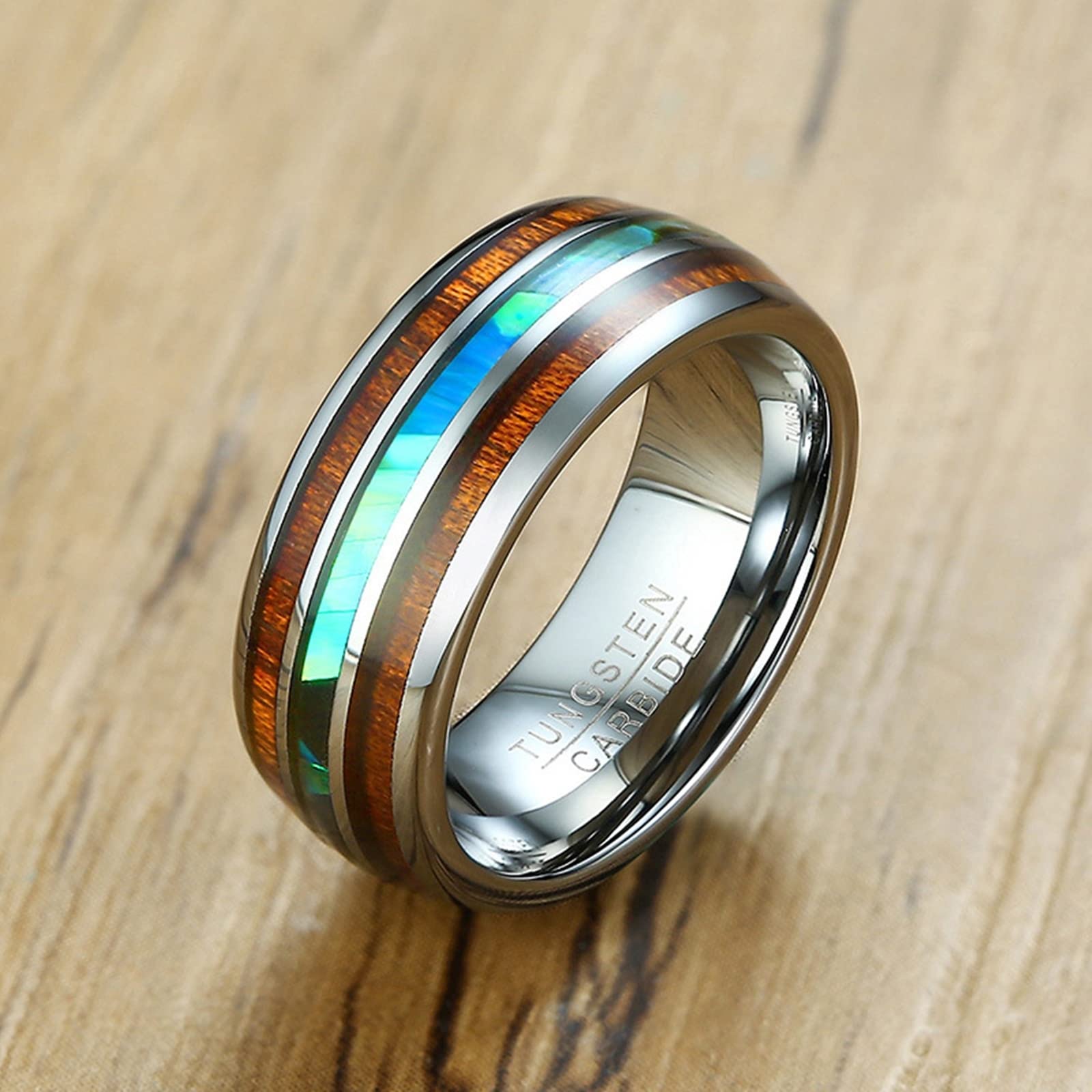 Gualiy Anello Tungsteno Uomo, Anello Uomo Hiphop Anello in Legno e Conchiglia Largo 8 mm Anello Taglia 17 a 27