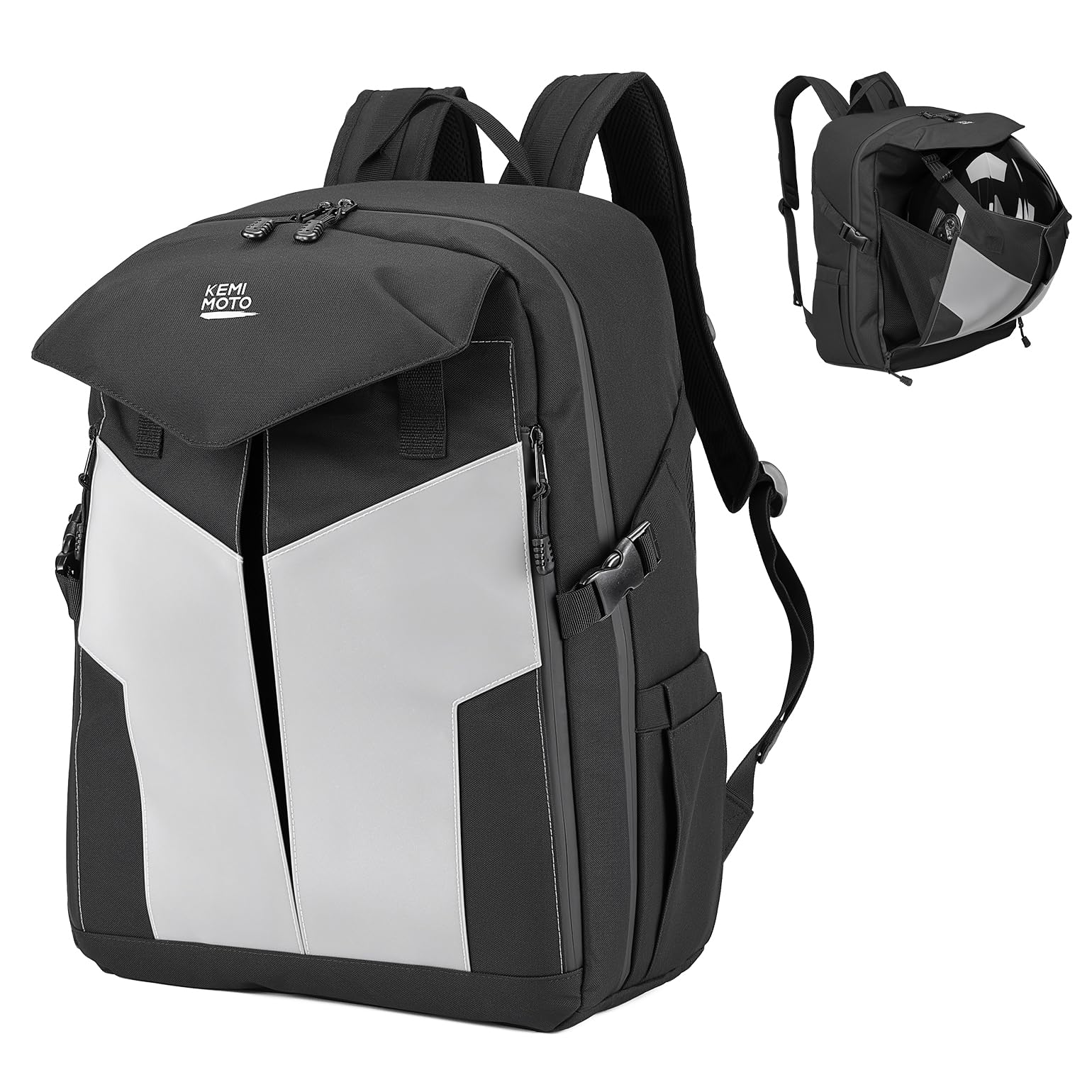 KEMIMOTO Motorrad Rucksack 30L, Reflektierender Helmrucksack mit externer Helmhalterung & Regenhülle, Wasserabweisender Motorradrucksack mit 14-Zoll-Laptopfach für Herren, Pendeln & Touren