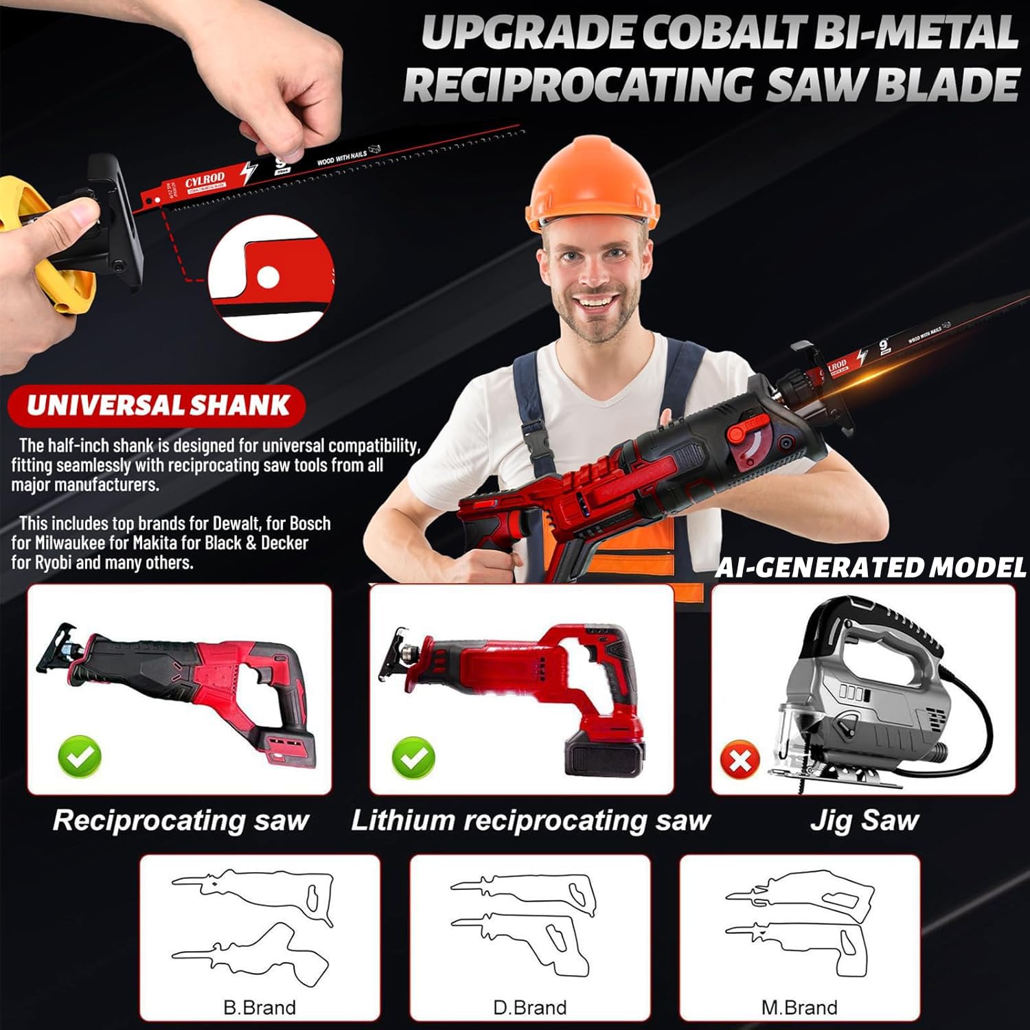 Paquete de 25 hojas de sierra alternante de 9 en 6/12TPI para cuchillas Sawzall para corte de madera incrustado en clavos, cuchillas bimetálicas de acero cobalto M42 de repuesto para Milwaukee para