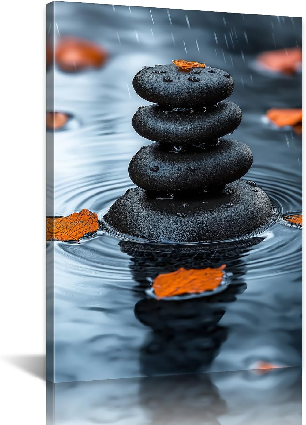 SANGGUOBIN Zen Canvas Wall Art Black Stones and Orange Leaves in the Rain Pictures Nature Still Life Meditation Poster for Yoga Spa Room Living Room Decor(Black-1,12x18inch)