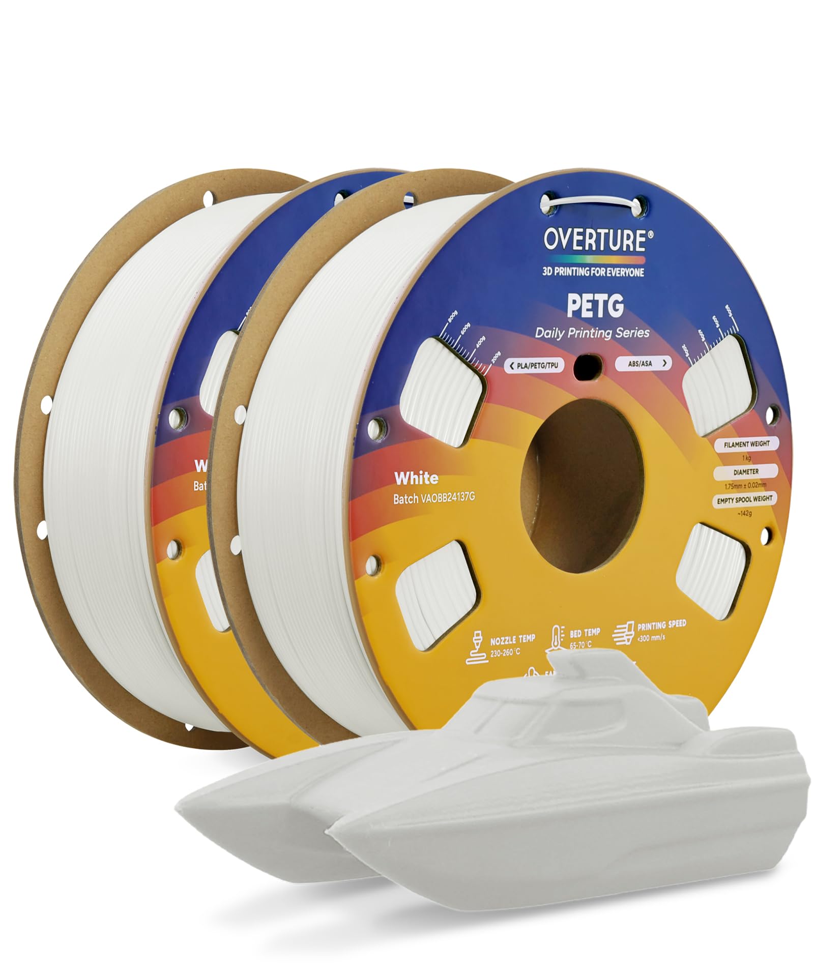 OVERTURE Filamento PETG 1.75mm, 2kg Bobina(4.4lbs), Neatly Wound Rapido PETG Filament per Stampante 3D, Precisione Dimensionale +/- 0.02 mm, 3D Printer Filamento (Bianco 1kg*2)
