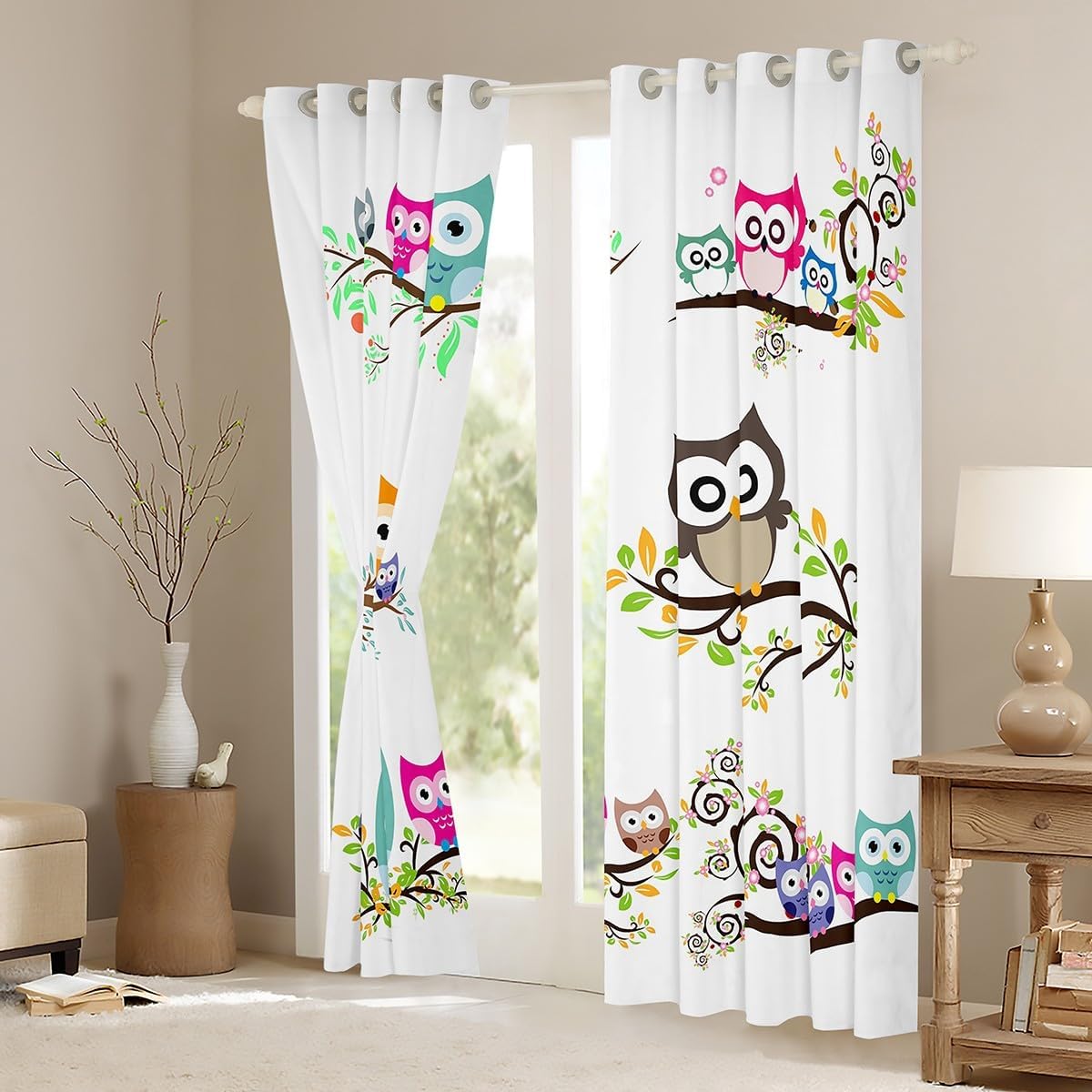Cartoon Owl Curtains for Bedroom Living Room Kids Cute Animal Floral Leaf Printe Comter Kawaii Bird Branches ative Darkening Dreapes Owls Design White Window Treatments (2 Panels, 38 x 54 Inch)