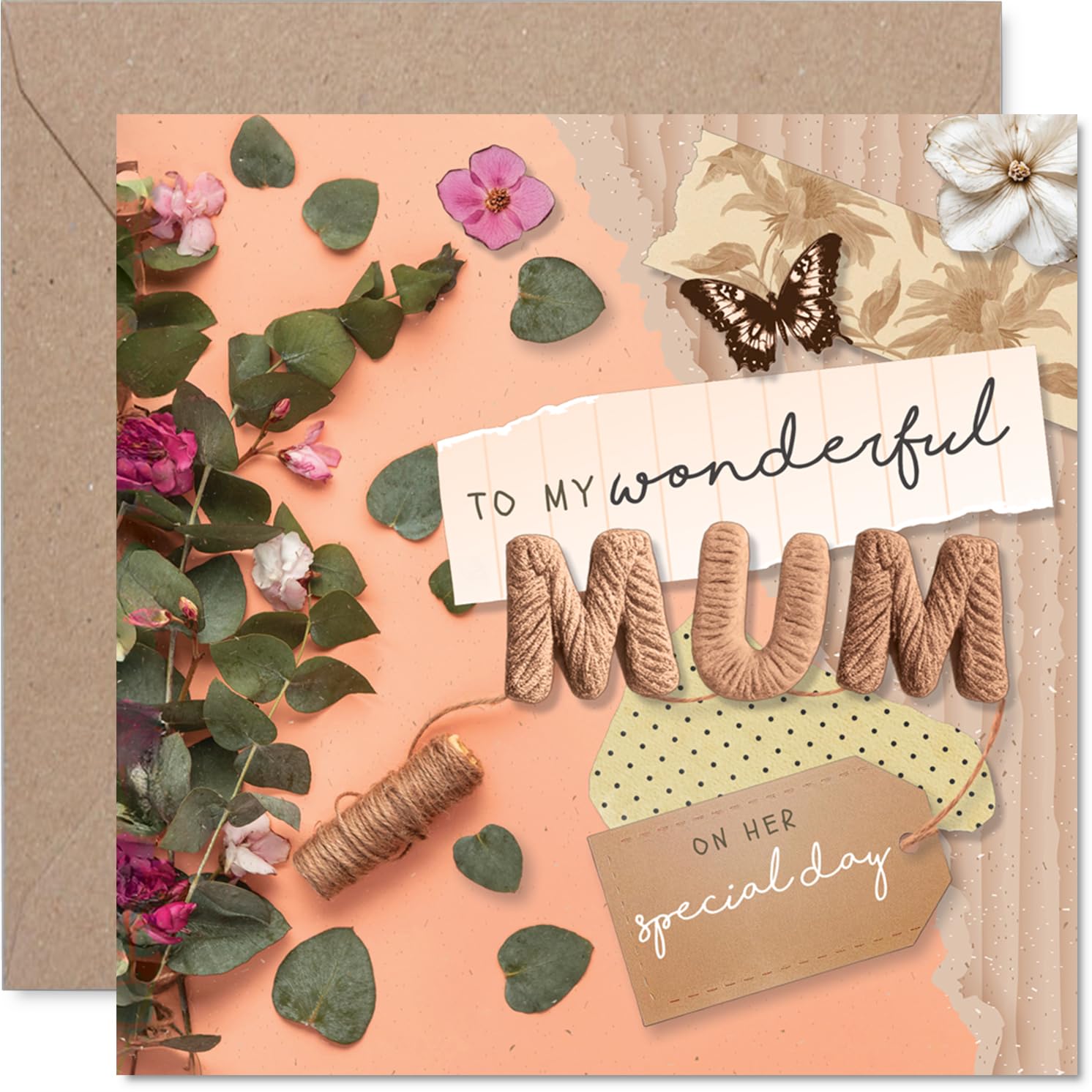 Heartfelt Birthday Card for Mum - Warm Wishes and Love - Elegant Floral and Butterfly Motif in Soft Pinks and Greens, Mother's Day - 145mm Square, Envelope Included