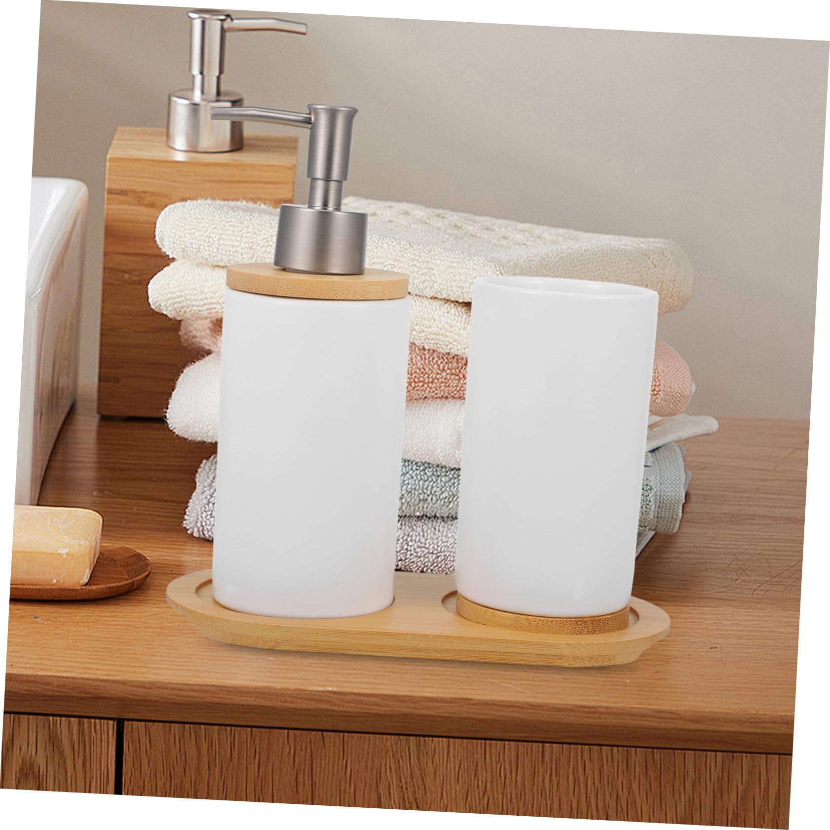 Ensemble D’Accessoires Salle de Bain en Céramique et Bambou, Blanc