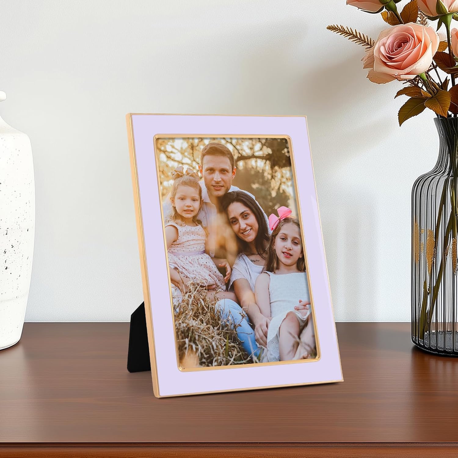 4x6 Purple Enamel Picture Frames - Metal Gold Edge - Cute Frame for 4 x 6 Inch Photos Pictures Artwork - Real Glass - With Tabletop Easel Stand - Hanger for Wall Mount Display (2 Pack)