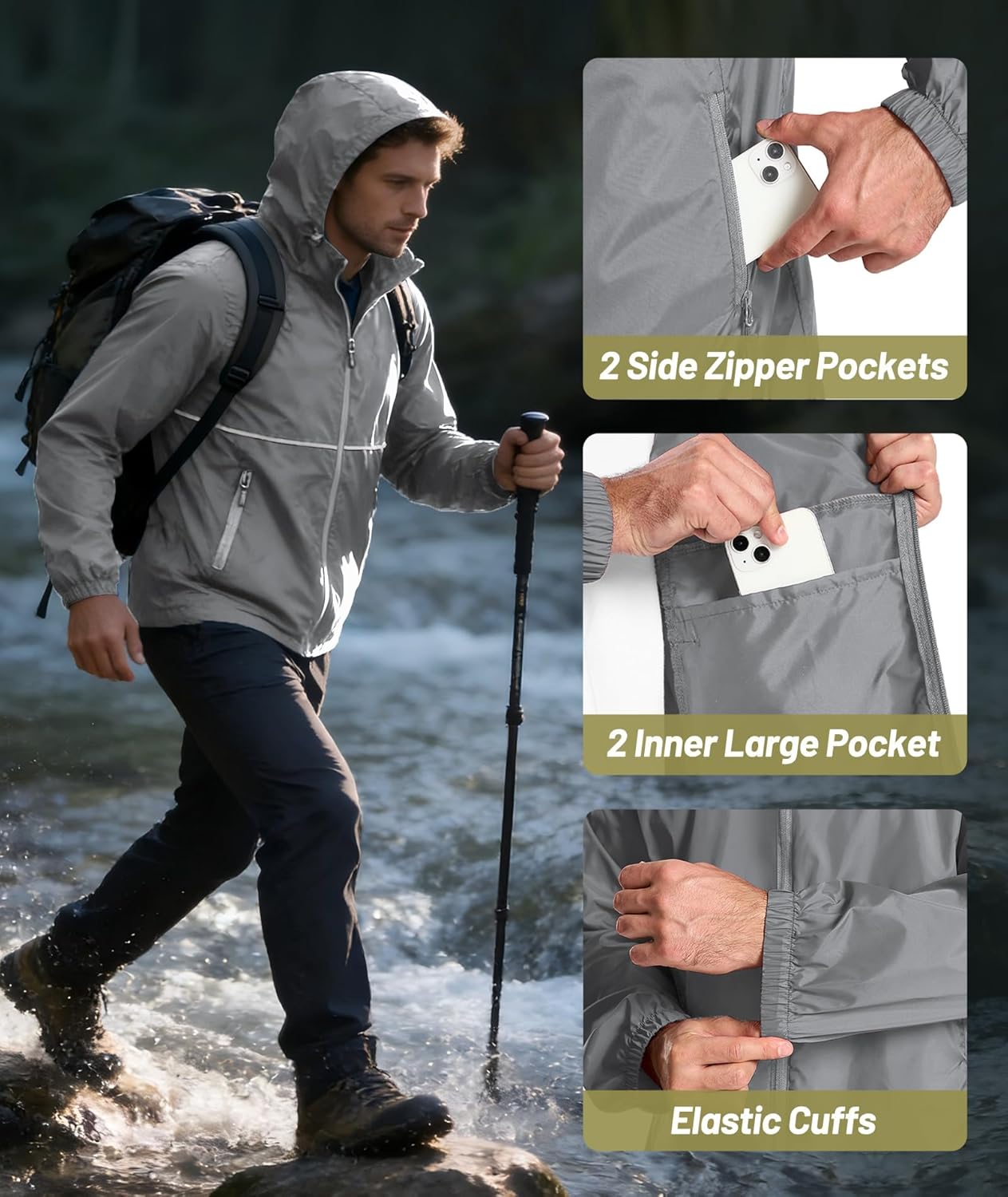 ZITY Men's Rain Jacket Waterproof with Hood Lightweight Windproof Raincoat for Golf Hiking Camping Cycling