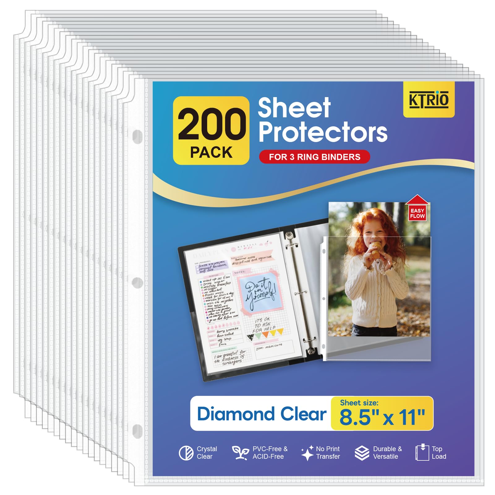 KTRIO 200 Pack Sheet Protectors 8.5 x 11 inch, Clear Page Protector for 3 Ring Binder, Plastic Sleeves for Binders, Top Loading Paper Sheets Document Sleeve Letter Size, Office & Home