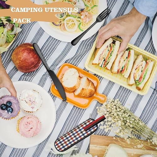 Miniatura 7 de Utensilios de viaje portátiles con estuche, juego de 10 cubiertos de viaje para campamento, juego de utensilios reutilizables para lonchera para