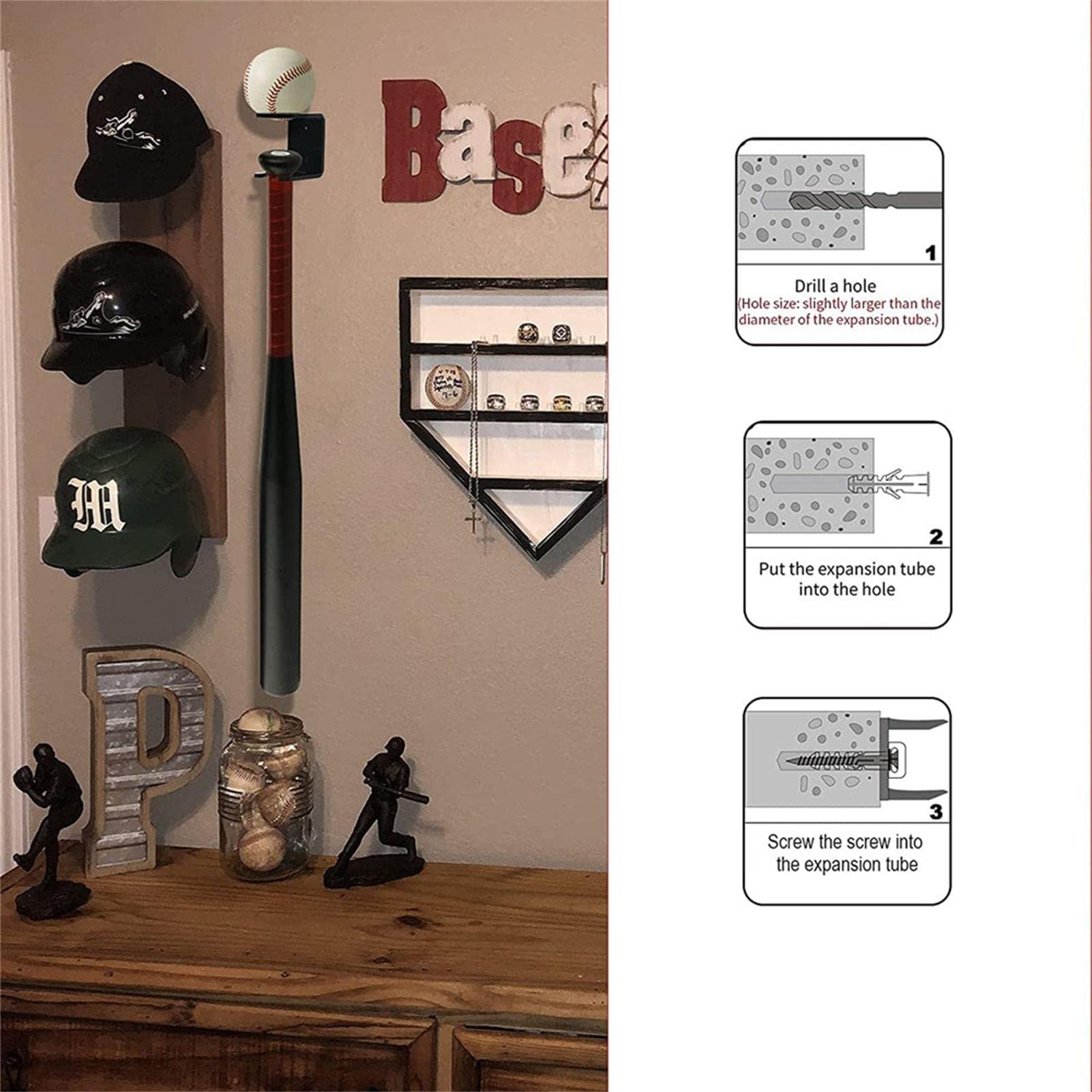 Support pour batte de baseball et support de balle conçu pour contenir 1 batte de taille normale et 1 batte de baseball en pin naturel sélectionné